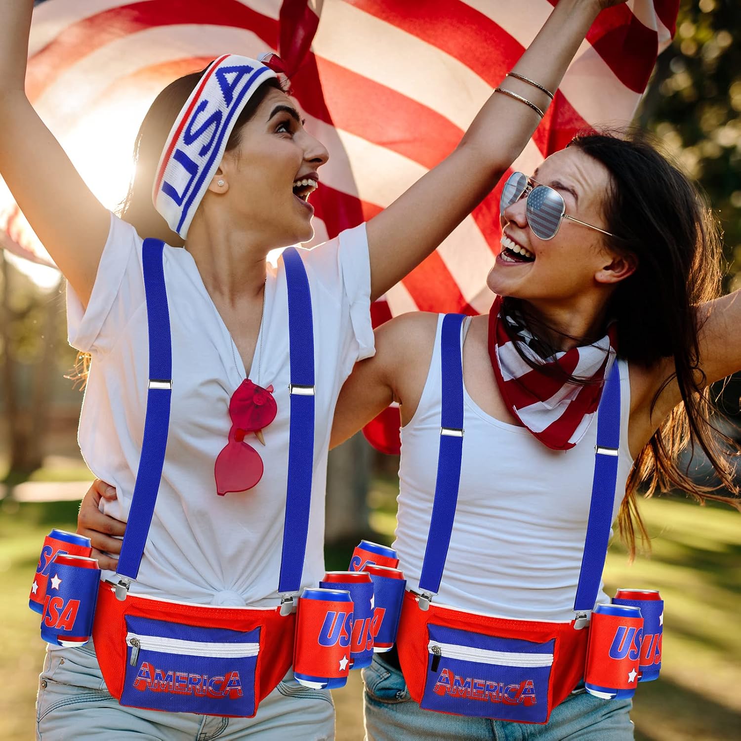 Sweetude 4th of July Fanny Pack America Flag Patriotic Outfit Set 250 Years Beverage Beer Belt Costume Set Accessories with USA Drink Holder Sunglasses Striped Sweatband