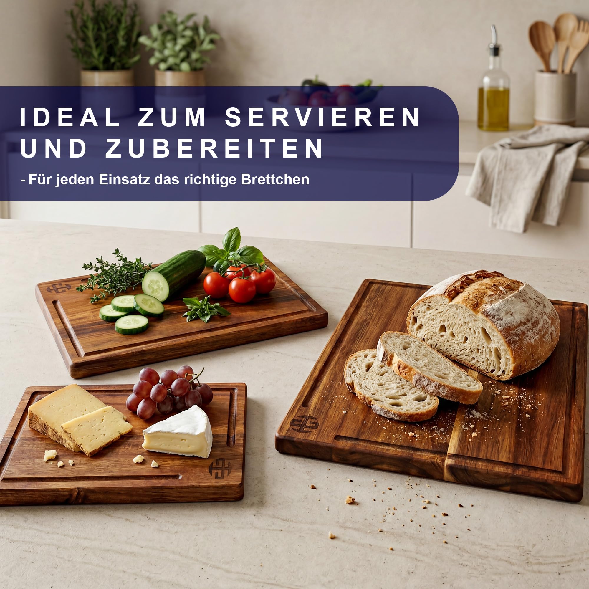 Schneidebrett Set 3-teilig aus massivem Akazienholz, 2 cm dick, 40 x 30/33 x 24/26 x 18 cm, mit Halter, Saftrille und Bienenwachs-Veredelung