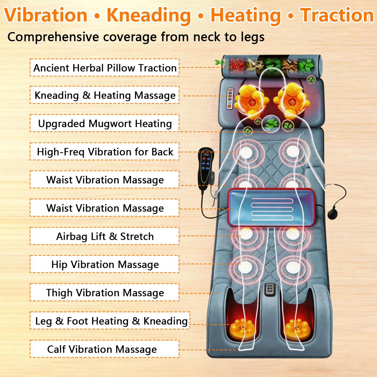 Esterilla de masaje de cuerpo completo con función de calor, cojín de asiento de masaje con 10 motores de vibración, masaje de pies, masaje de cuello y espalda, esterilla eléctrica de masaje