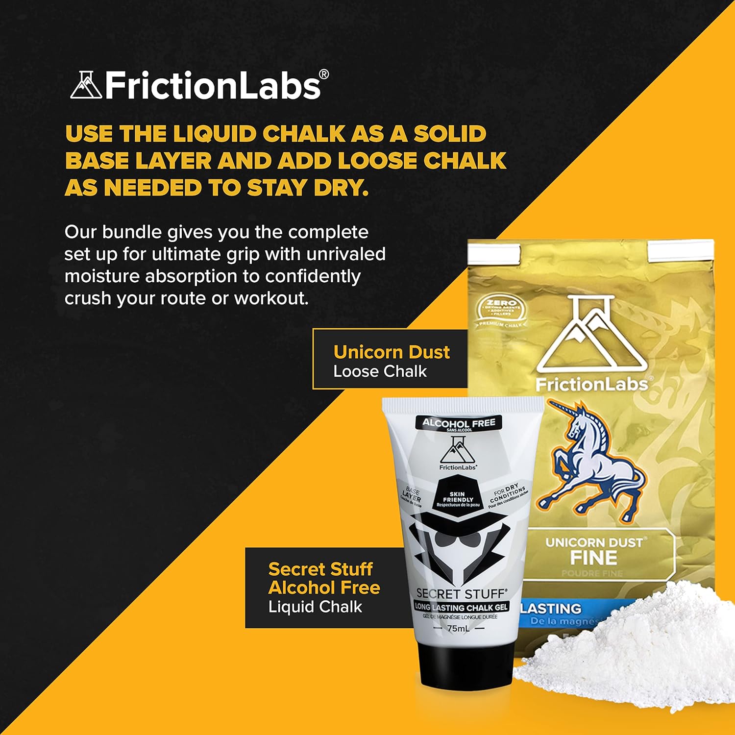 FrictionLabs Alcohol Free Liquid Chalk + Loose Chalk Bundle | Unicorn Dust 5oz + Alcohol Free Secret Stuff : Sports & Outdoors