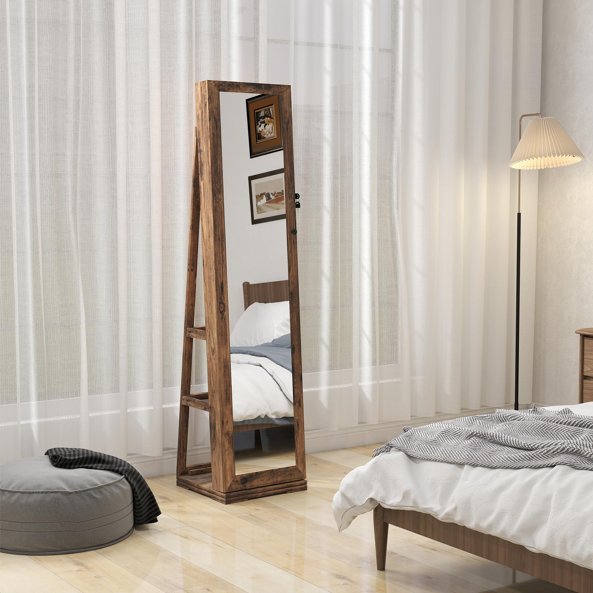HOMCOM Espejo Joyero de Pie Giratorio 360° con Cerradura, Marrón Rústico