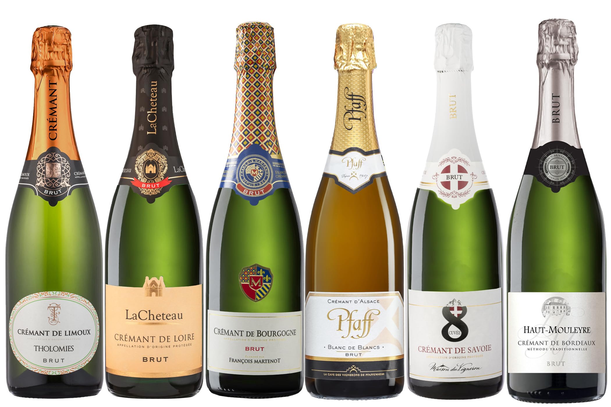 La Grande Vinothèque - Selezione di 6 Cremants Francesi, Assortimento Spumante Metodo Classico: Alsazia, Loira, Savoia, Bordeaux, Borgogna, Limoux (6 x 0,75 L)