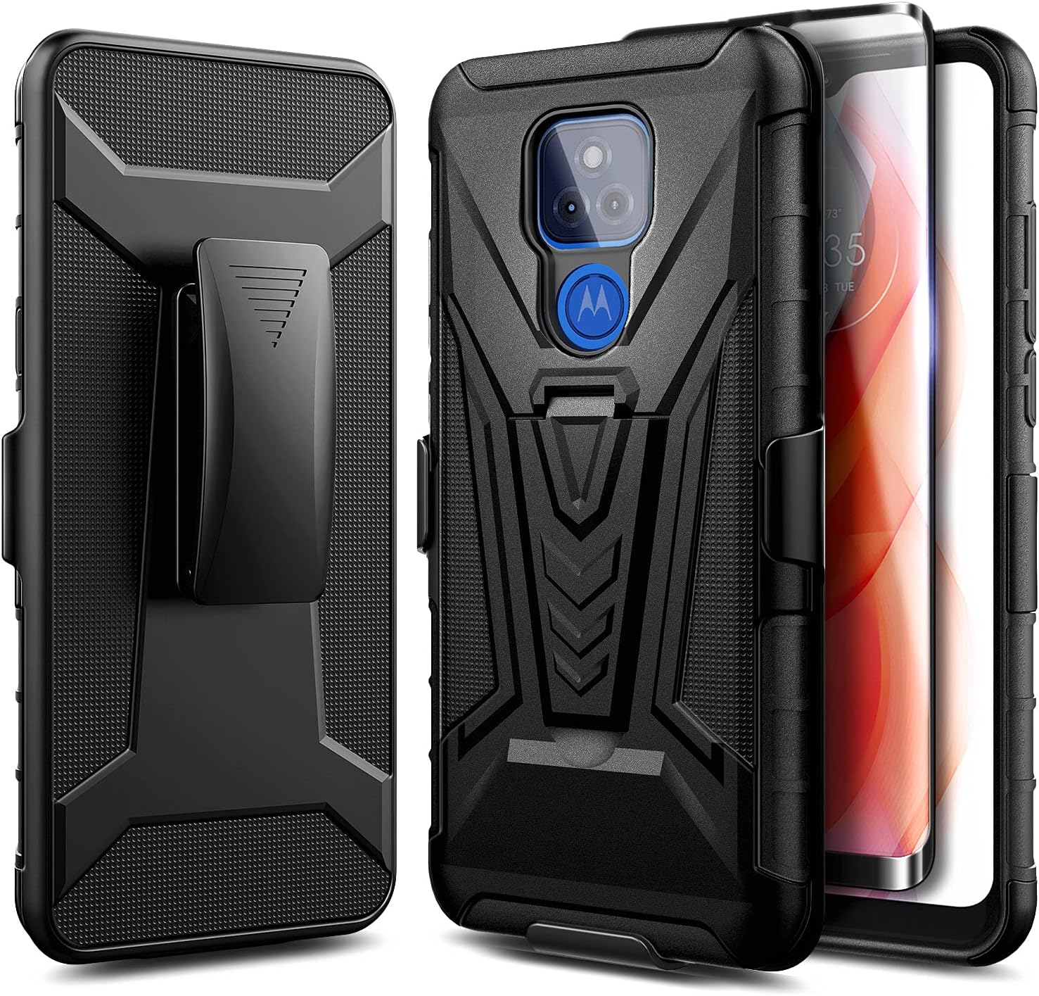 NZND Case for Motorola Moto G Play (2021) with Tempered Glass Screen Protector (Maximum Coverage), Belt Clip Holster with Built-in Kickstand, Heavy Duty Protective Case (Black)