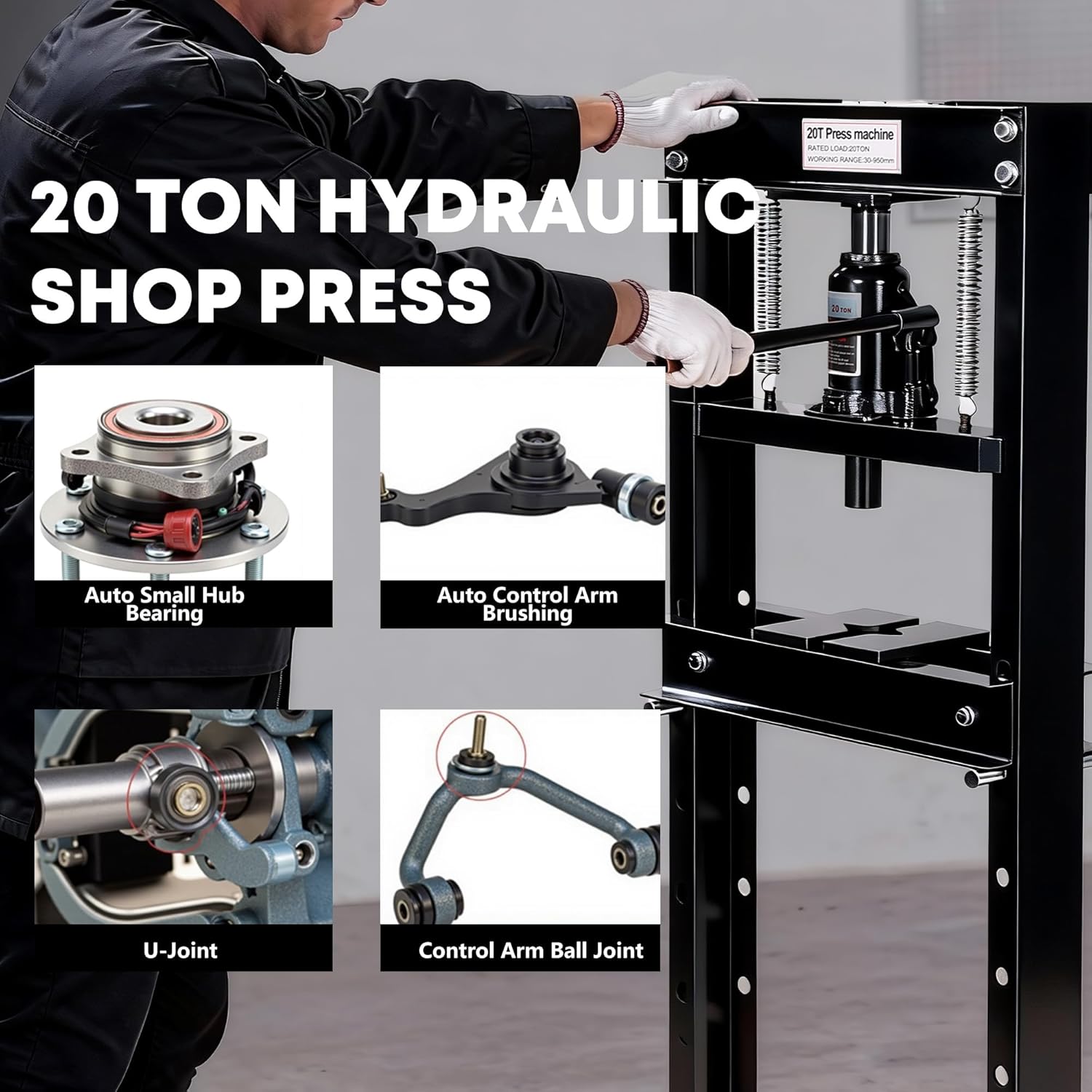 20 Ton Hydraulic H-Frame Shop Press with Adjustable Table & Stamping Plates for Auto Repair, Garage Use, Metalworking, Black