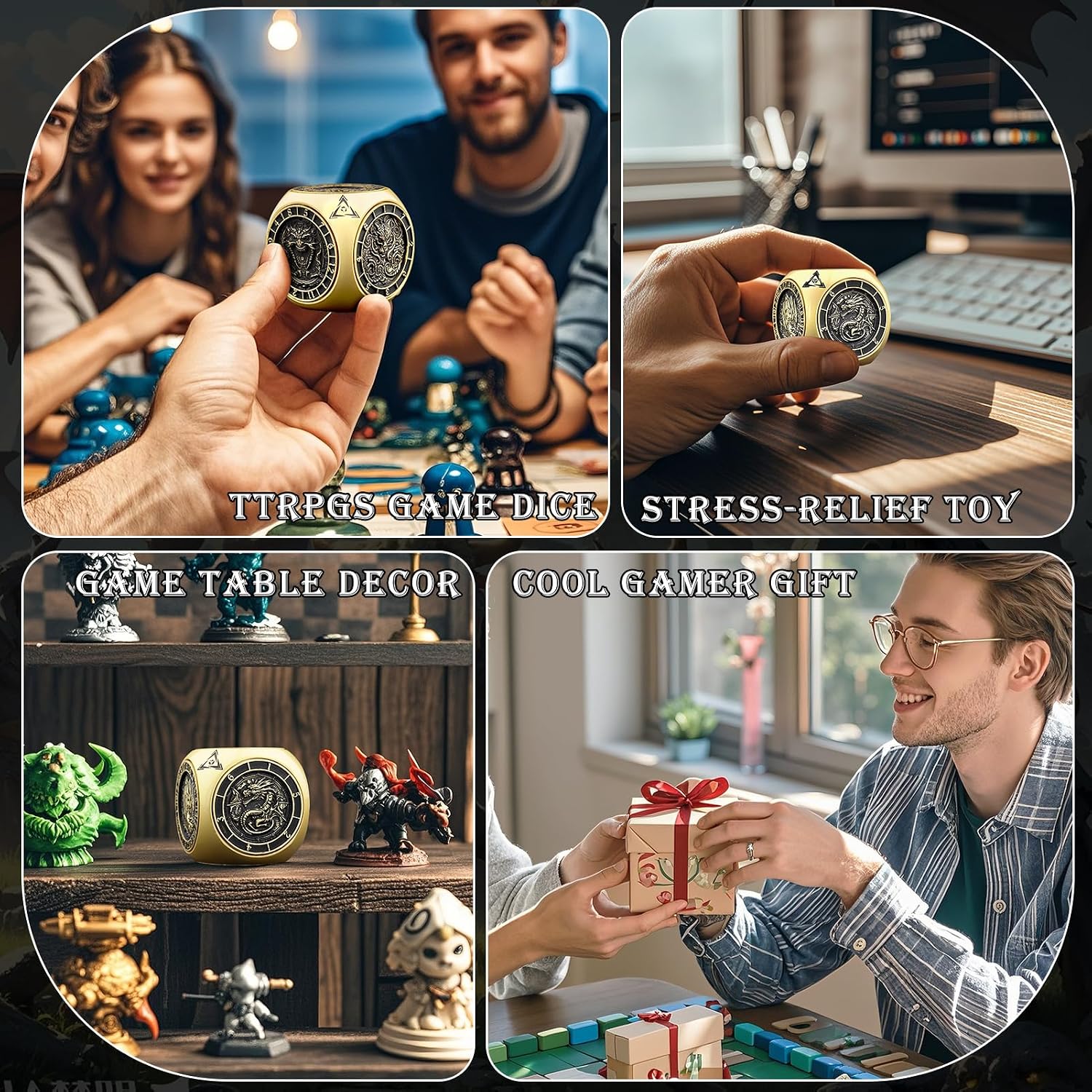 DND 7-in-1 Metal Spinner Dice, Haxtec Premium D&D Fidget Cube Dice Set for Dungeons and Dragons Tabletop Games, Unique Gamer & Collector Gift for TTRPG Players & Dungeon Masters (Black)