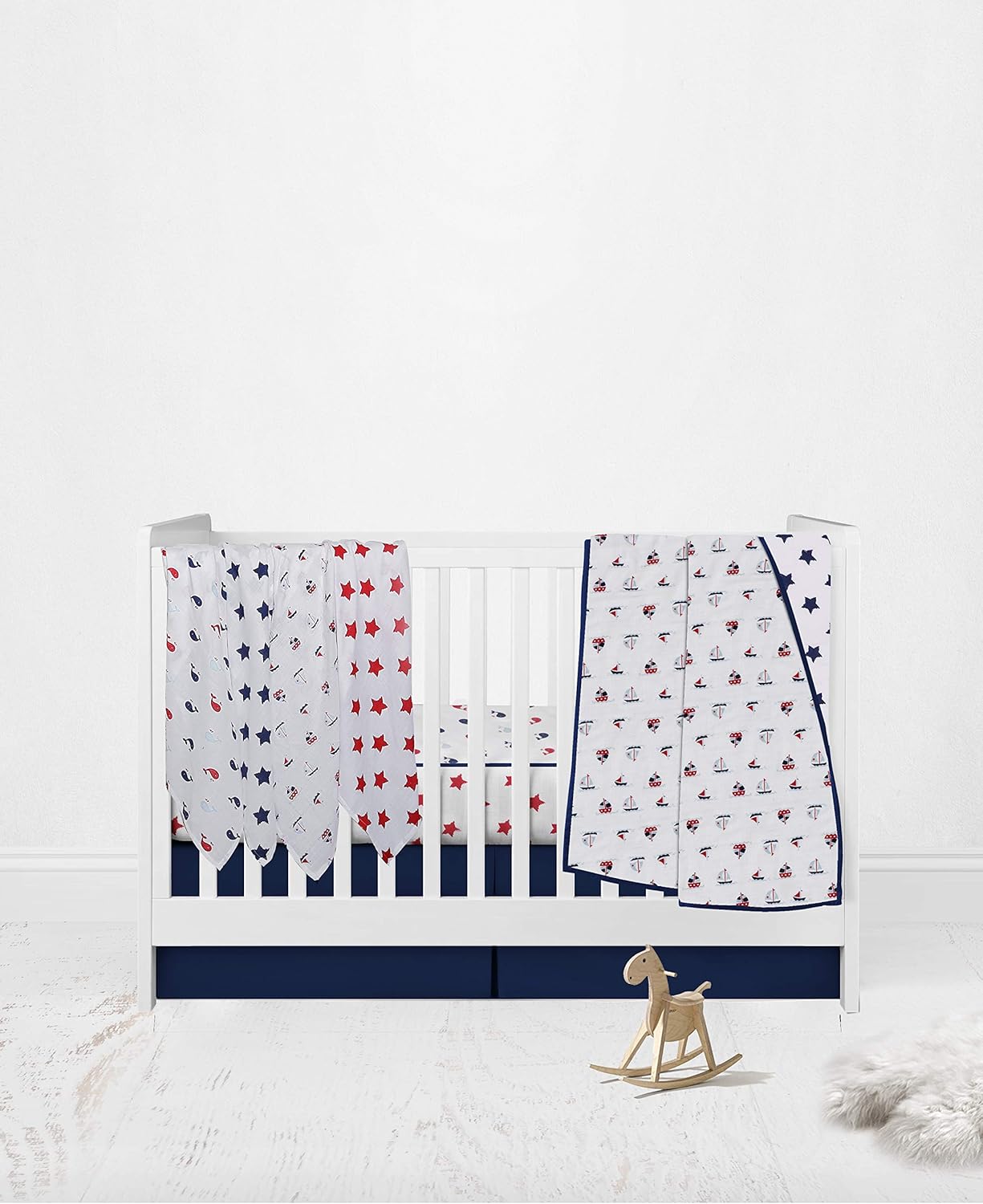Bacati Nautical Whales/Boats/Stars Muslin 3pc Crib Set with 4 Layer Lux Muslin Dream Blanket (Boys Navy/Red)