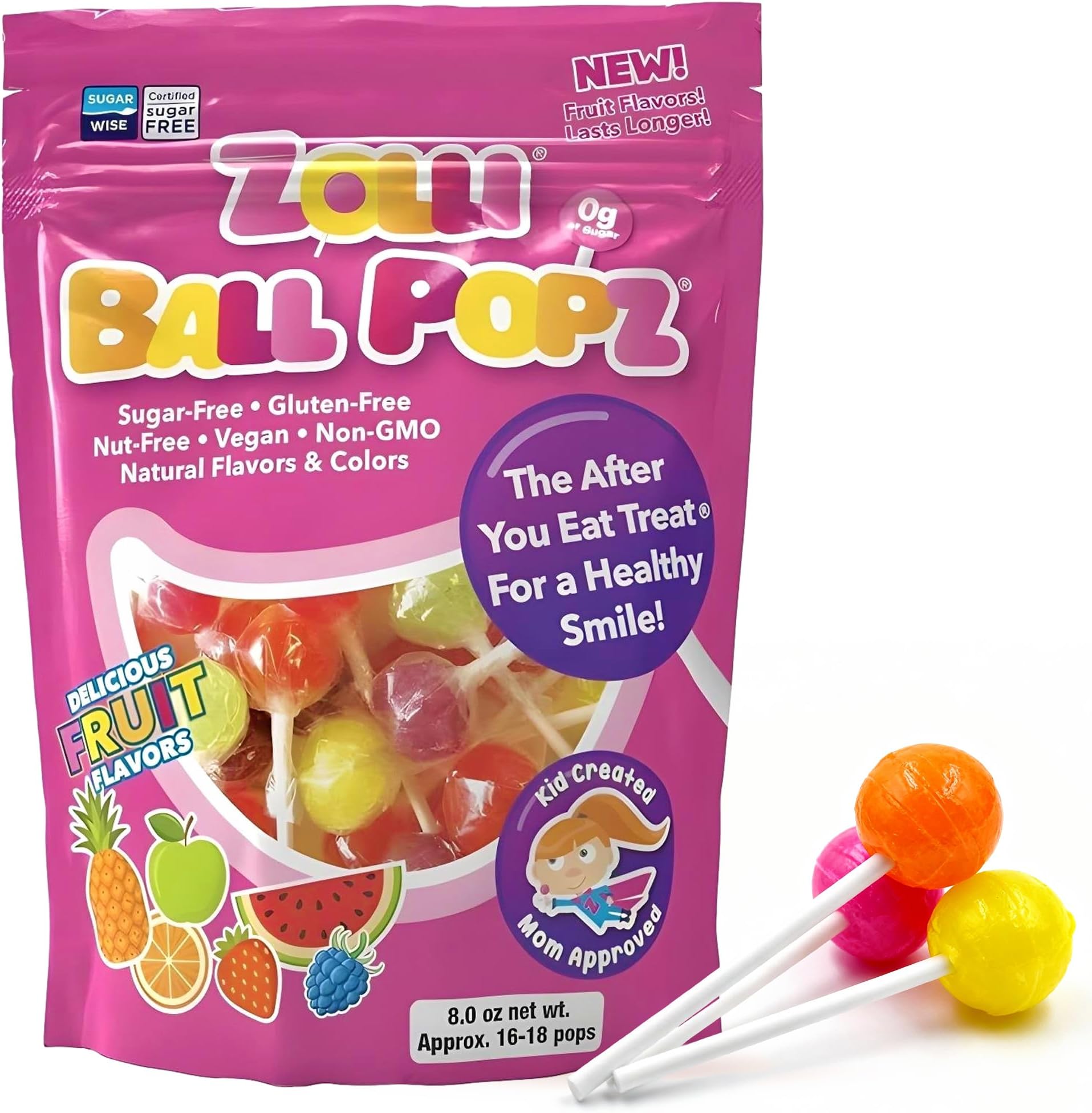 Zollipops Zolli Ball Popz Lollipops Clean Teeth, Natural Fruit, 8oz