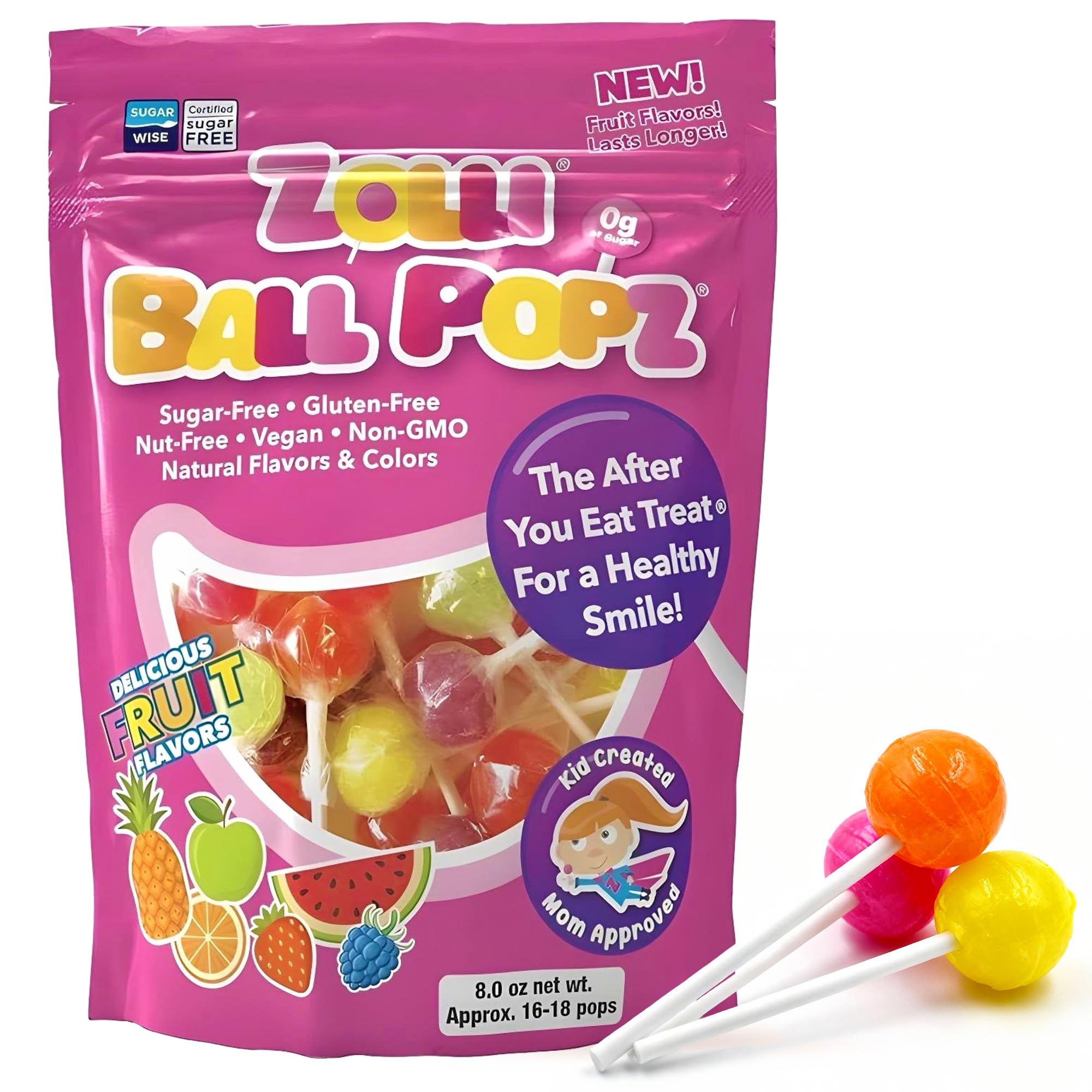 Zollipops Zolli Ball Popz Lollipops Clean Teeth, Natural Fruit, 8oz
