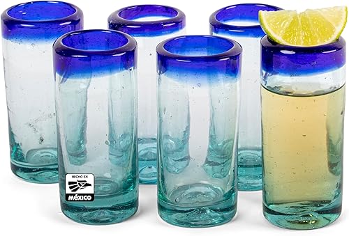 FESTMEX Auténticos vasos de tequila mexicano soplados a mano, juego de 6 vasos de tequila con borde azul cobalto hechos de vidrio reciclado por