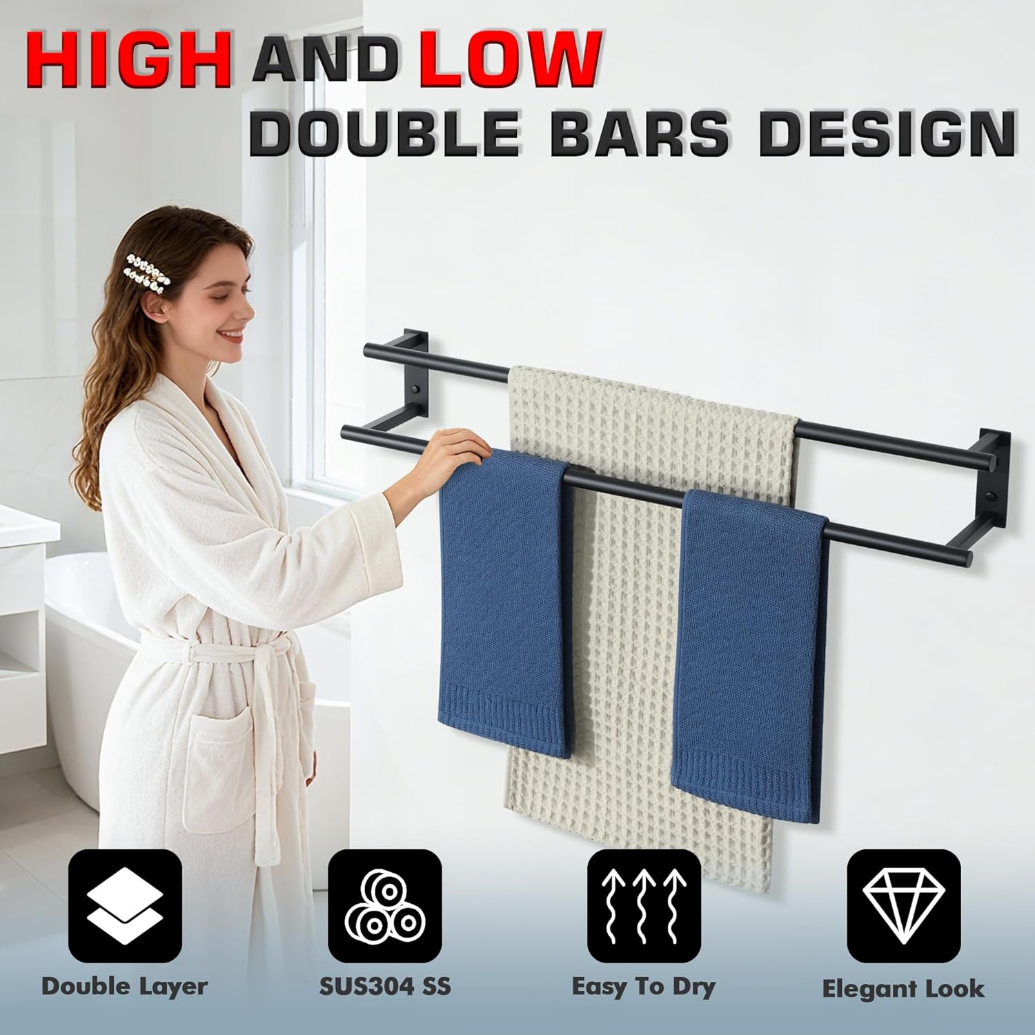 Alise Double Towel Bars for Bathroom,Wall Mount Towel Holder Towel Racks for Bathroom Lavatory,SUS304 Stainless Steel Towel Hanger Towel Rails,Matte Black,32 inch