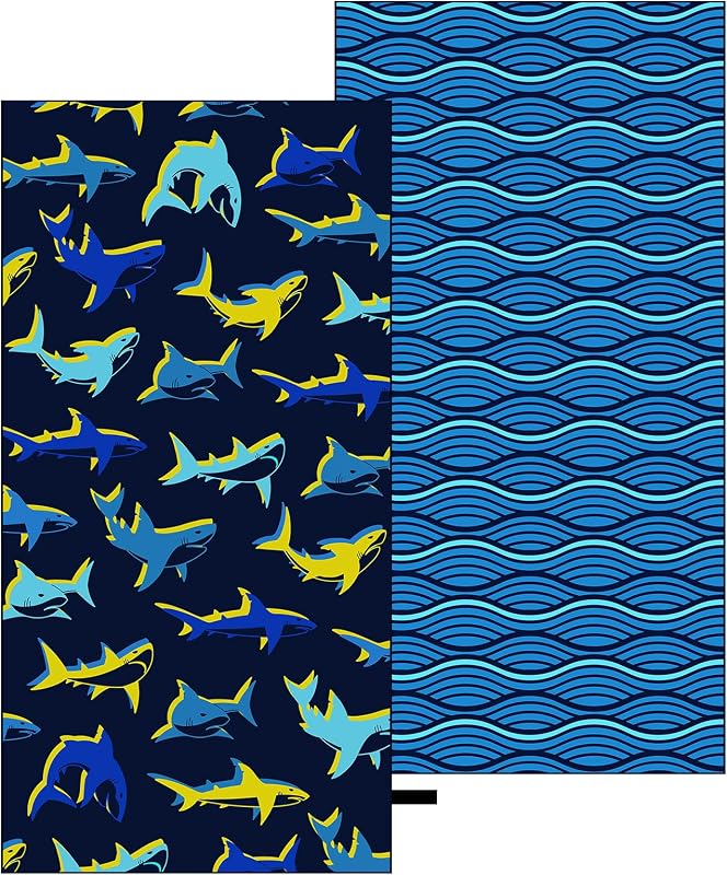 Microfiber Beach Towel, Bright Yellow Blue Shark Beach Towel for Travel | Large Quick Dry Sand Free, Lightweight Compact for Kids Trip Vacation Camping 1 Pack
