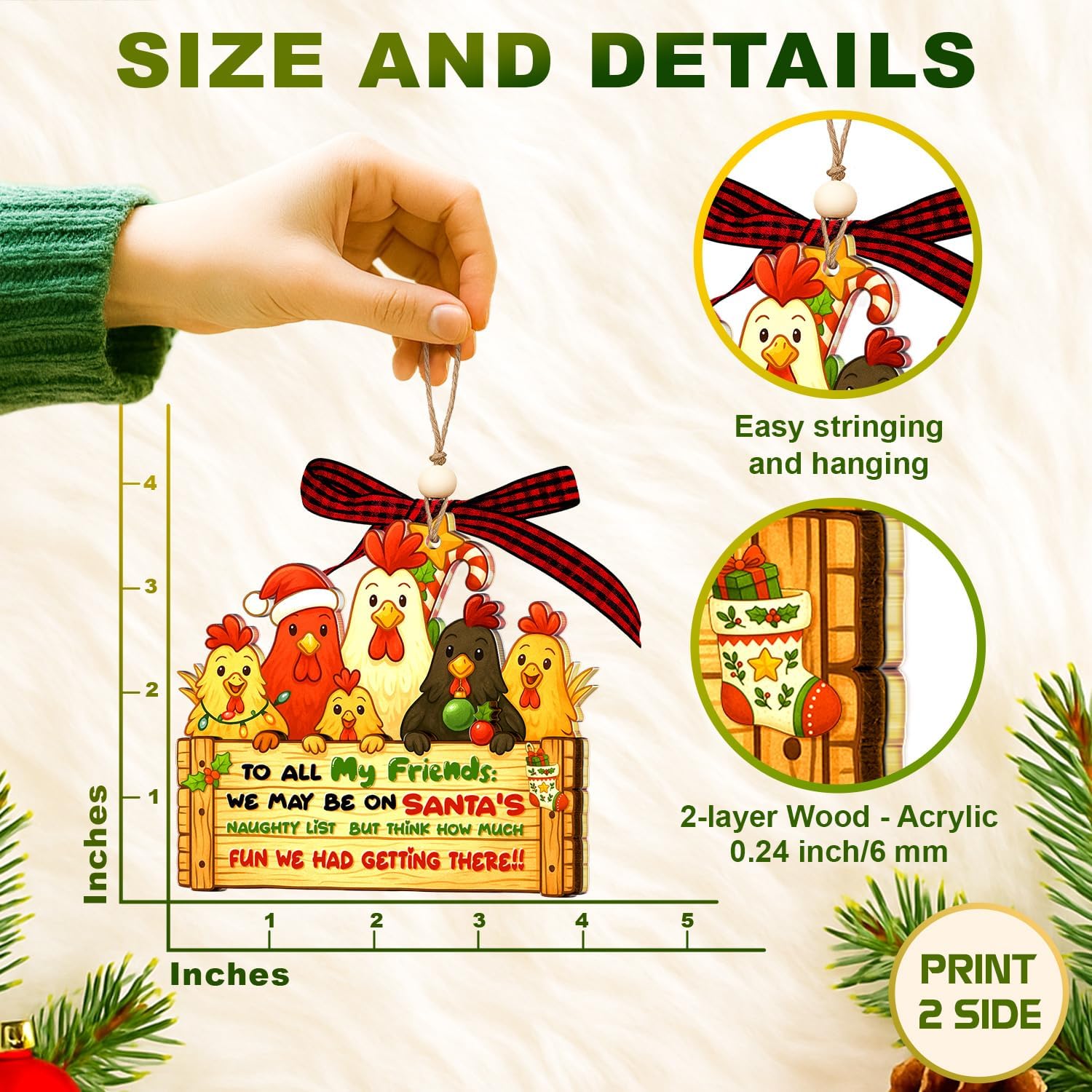 Chicken Ornament - Chicken Ornaments for Christmas Tree - Wood Acrylic 2 Layers Xmas Ornament 2025 - Chickens Gag Gifts - Gifts for Chick Lover Women, Farmers - Farmhouse Decor for Animal Lovers - Image 2