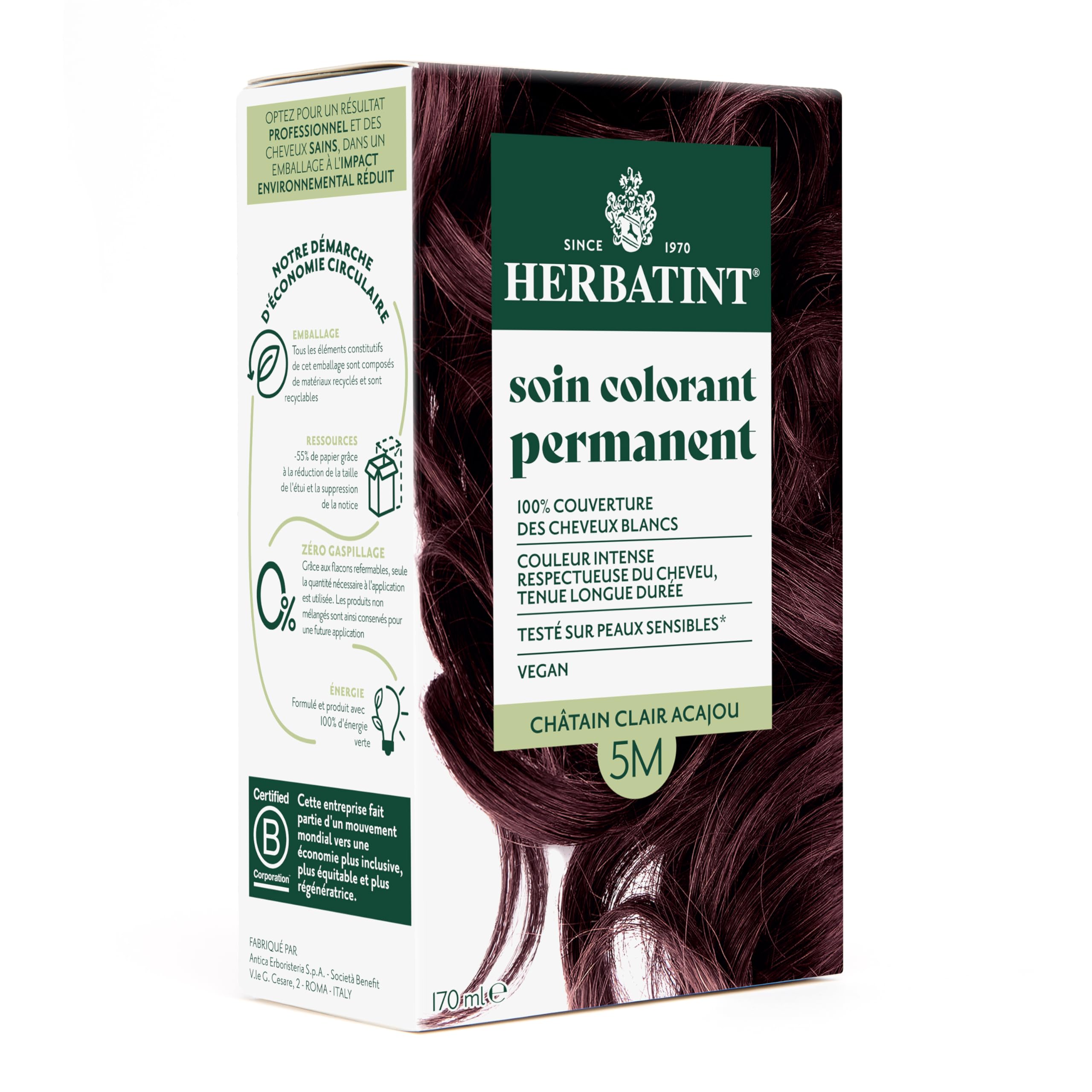 Herbatint Soin Colorant Permanent Cheveux 5M Châtain Clair Acajou - 170ml | Sans Ammoniaque, 100% Couverture Cheveux Blancs| Testé Dermatologiquement pour Peaux Sensibles, avec 8 Extraits Végétaux Bio