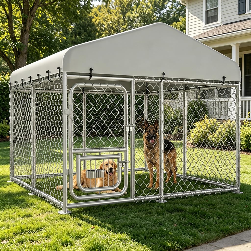 A golden retriever and a person sitting comfortably inside the large outdoor dog kennel with a roof.