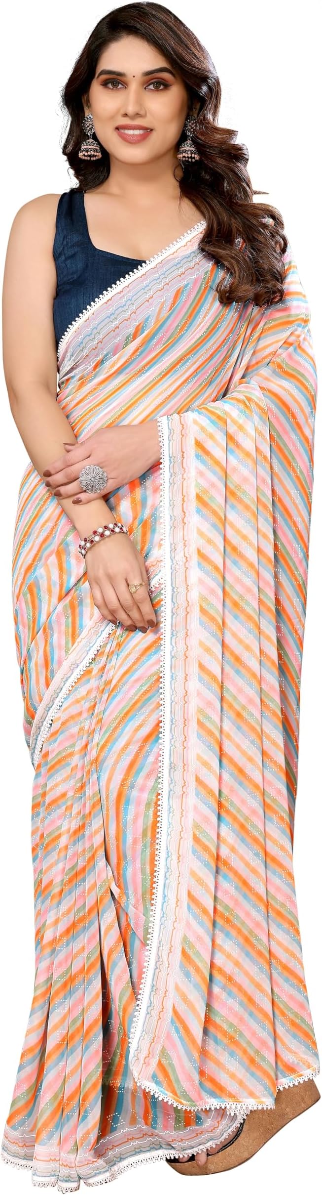 Women's Party Wear Georgette Printed Border Ready To Wear Saree With Unstiched Blouse Piece