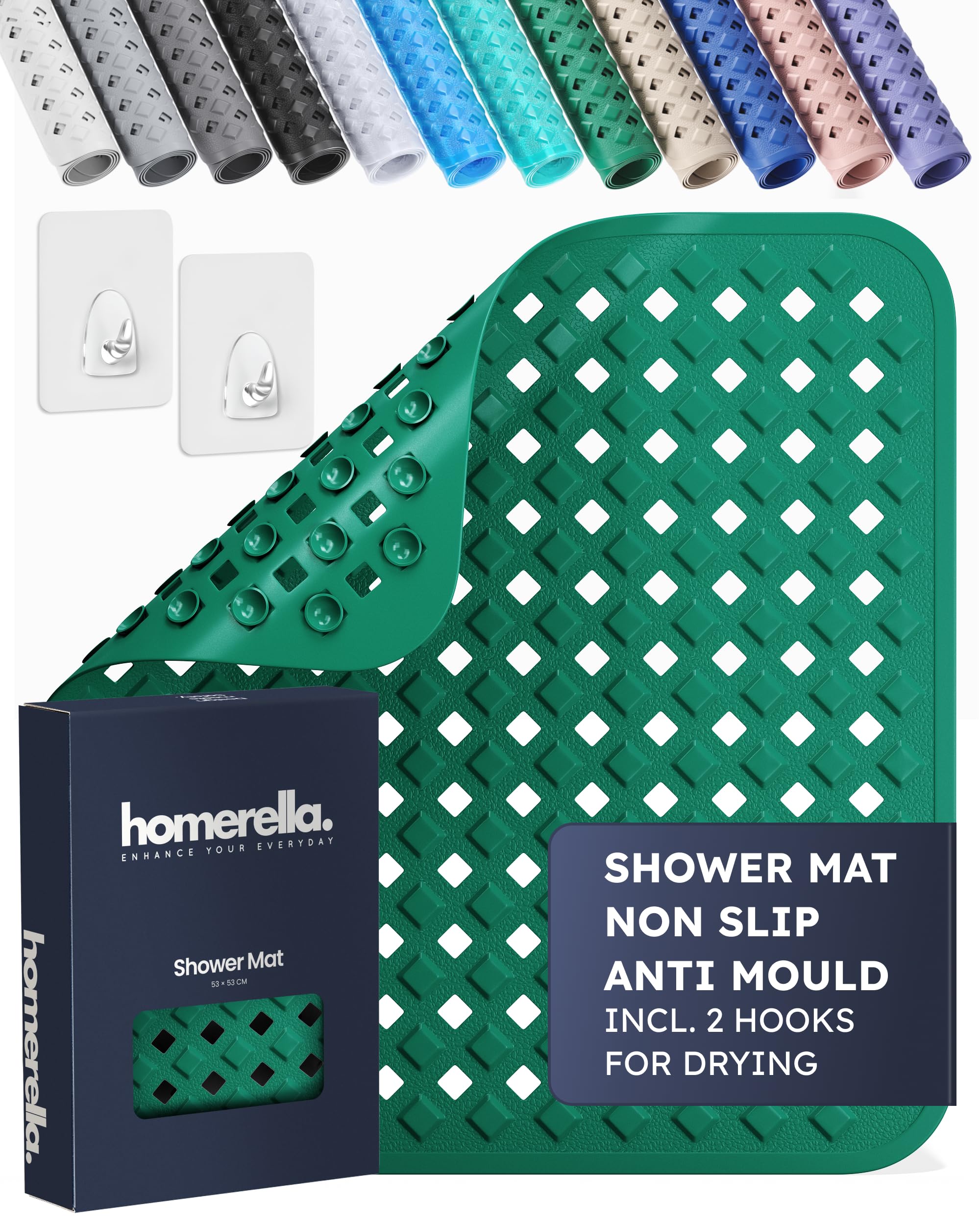 homerella Shower Mat Non Slip Anti Mould 53 x 53 cm, INCL. Hooks for Drying, Bath Mat Non Slip Anti Mould, Shower Mats for Inside Shower, BPA-Free and Machine Washable for Children and Elderly