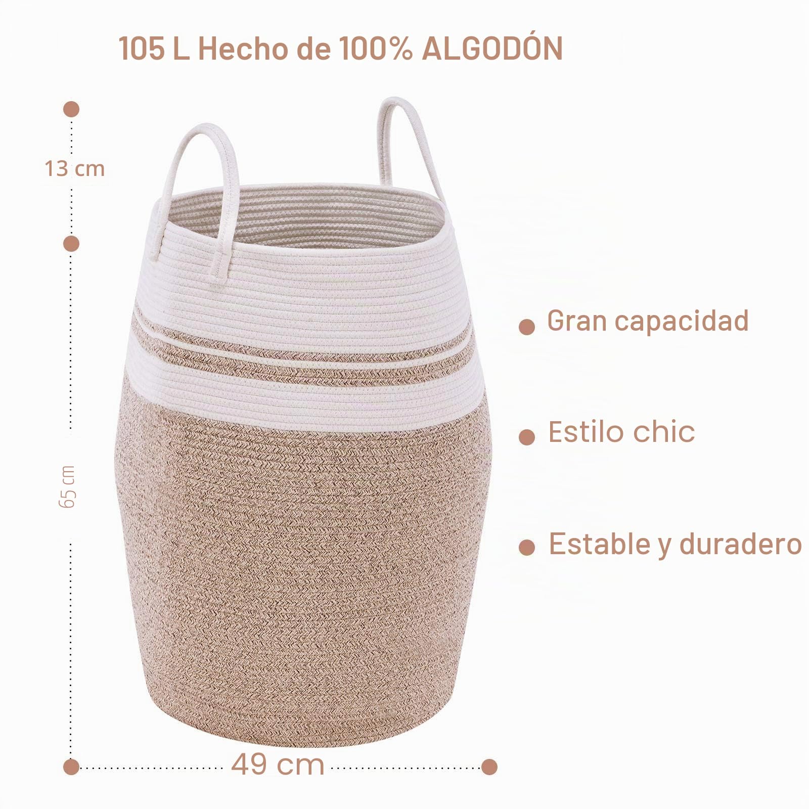 Cesto Ropa Sucia Cesta Grande 105 Litros Cesto Lavandería Tejida a Mano Cesta de Cuerda de Algodón Plegable y con Asa Almacenaje de Ropa, Juguetes, Mantas Marrón
