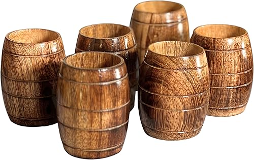 Miniatura 9 de collectiblesBuy Juego de 6 tazas de madera de mango hechas a mano, con forma de barril, para té, café, cerveza, vino, portátil, camping, viajes,