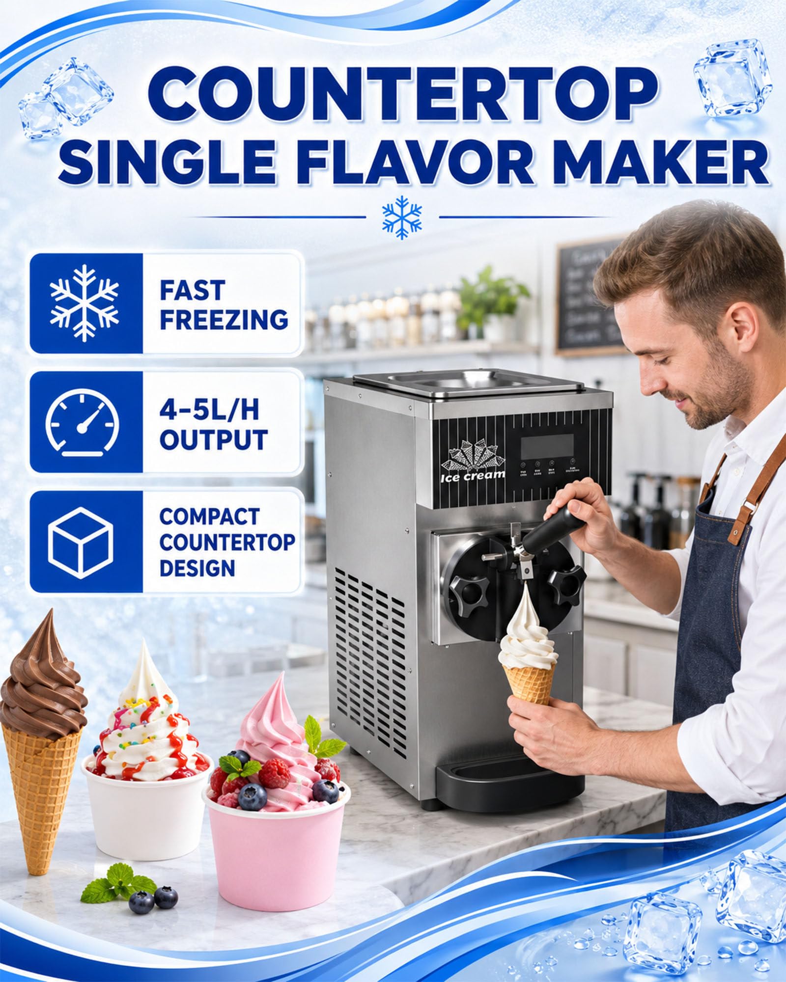 Máquina De Helado Suave, 450 W, Eléctrica, De Sobremesa, De Un Solo Sabor, 4-5 L/H, Tolva De 2,5 L, Congelación Rápida En 10 Minutos, Acero Inoxidable, Autolimpiante