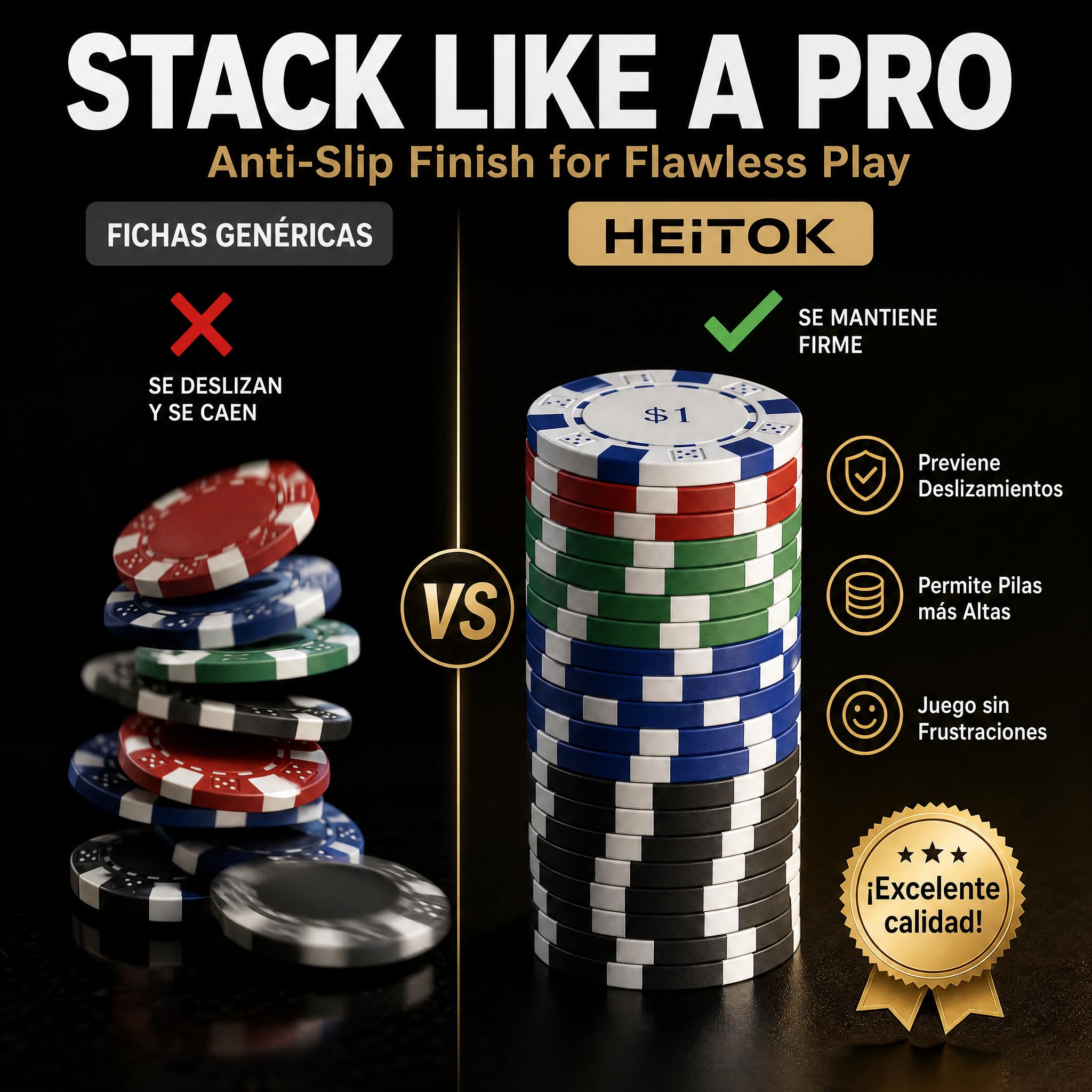HEITOK Juego de Fichas de Póker 500 Fichas Numeradas – 11,5g con Denominaciones y Estuche Robusto para Adultos