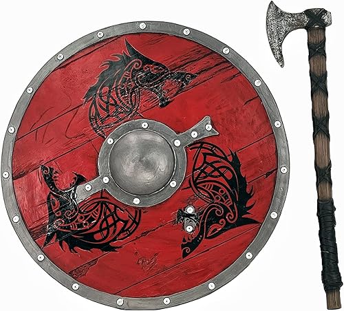 Miniatura 2 de LOOYAR Escudo de tótem de lobo de la era vikinga de los vikingos y decoraciones de hacha para disfraz de Halloween de caballero berserker vikingo