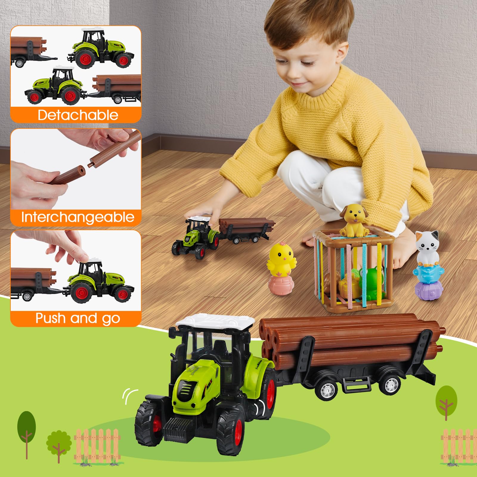 Giocattoli Montessori per l'apprendimento dei bambini, Set di Fattoria con Animali 4 in 1 per Bambini in Età Prescolare 1-3 anni, Set di Verdure, Trattore con Rimorchio, Regalo per Ragazzi e Ragazze