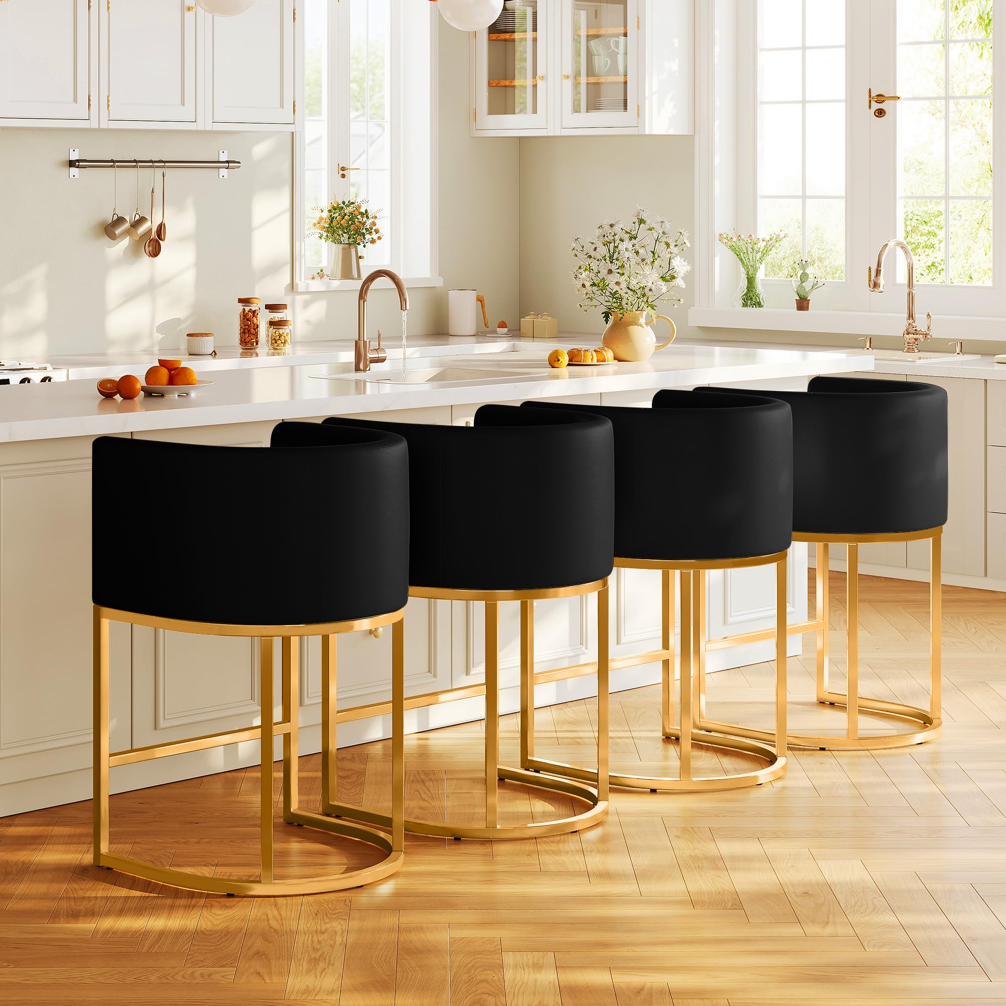 LVHOMLAX Modern Counter Height Bar Stools,Bar Stools Set of 4,PU Leather Upholstered Barrel Barstools with Backs,26'' Kitchen Island Chairs,Metal Gold