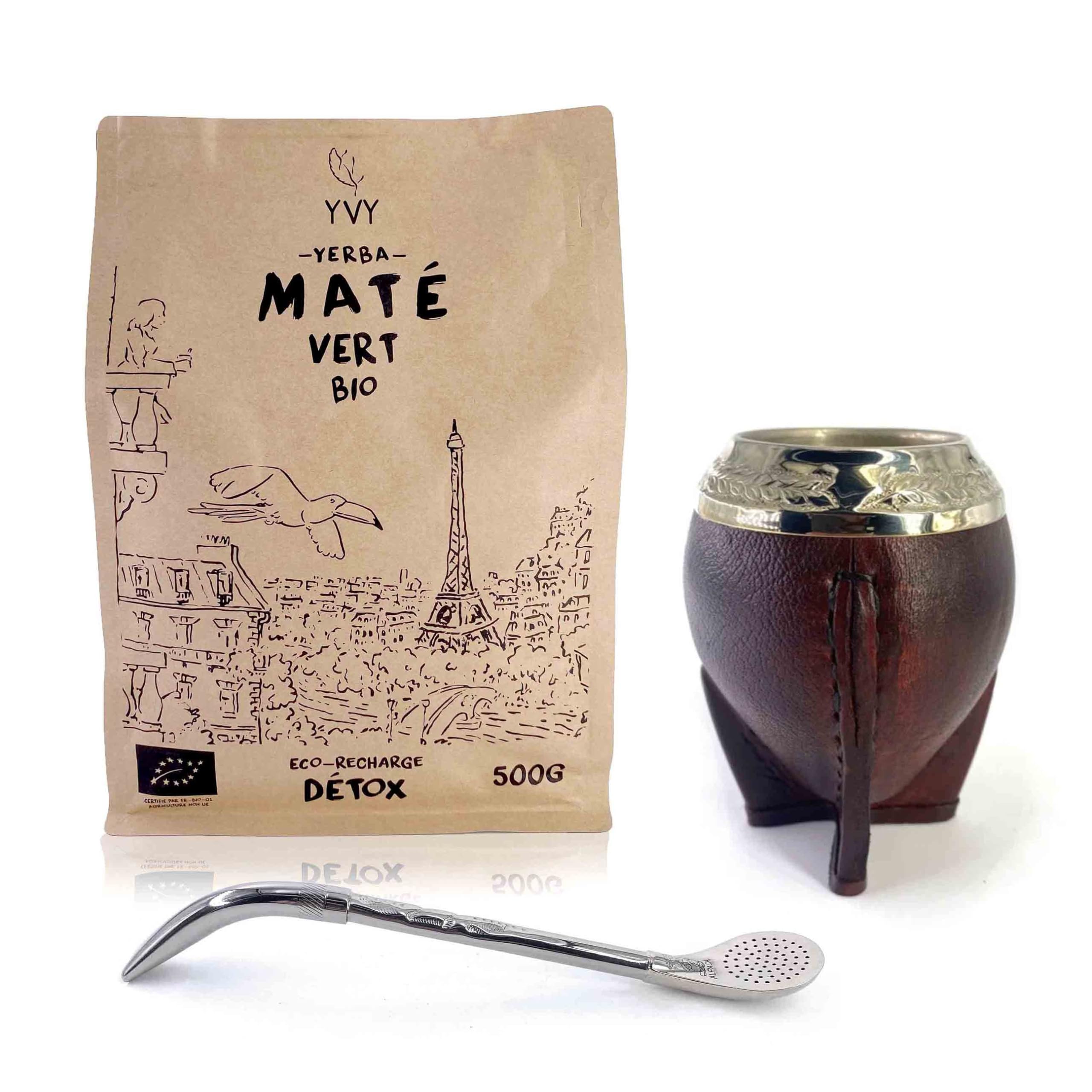 YVY MATÉ Torpedo Alpaka Ciselée Mate Kit | Torpedo Alpaca Ciselée Calebasse Pack, Bombilla Alpaca Ciselée i 1 organiczna zielona kieszeń Yerba Mate 500 g | Rękodzieło w Urugwaju