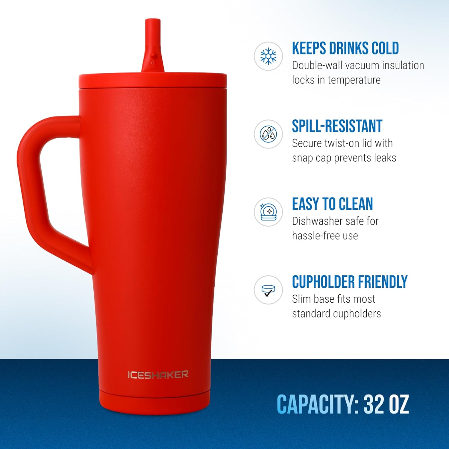 ice shaker 32 oz tumbler with handle and straw | 32oz red | cold for 30+ hours | 2-in-1 tumbler shaker bottle | odor-free 32 ounce bottle for water, protein shakes, smoothies, cocktails red 32oz