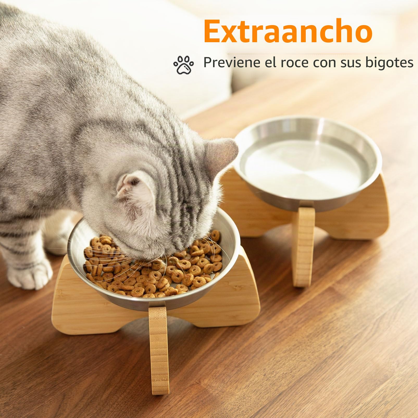 Comedero Gato Elevado Acero Inoxidable Soporte Bambú Madera Antideslizante,Platos Cuencos para Gatos Pequeño Plano Fatiga Bigote Perro para Cat Mascota Bowl Comida Agua Plateado (2 Piezas)