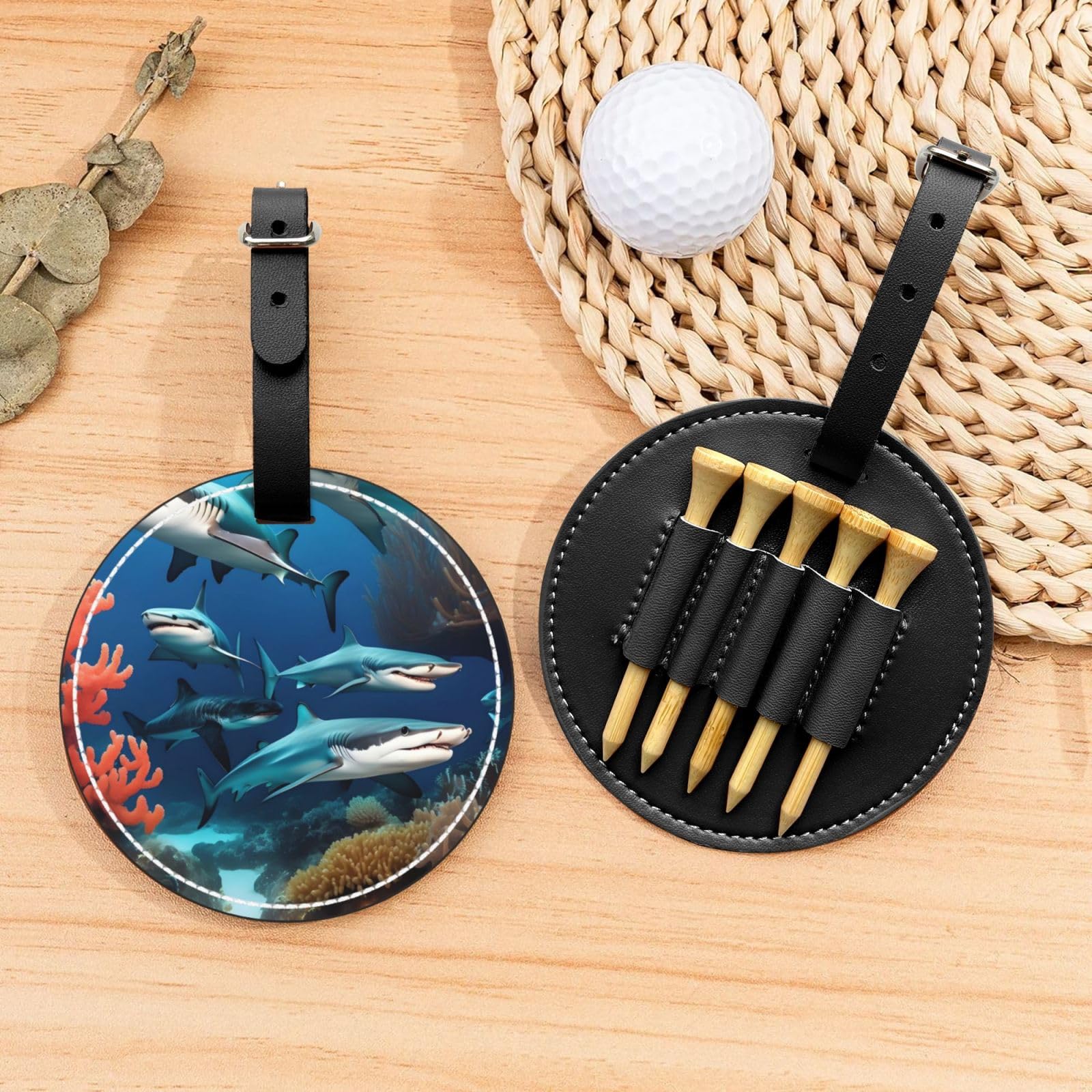 Submarine Shark Coral Black Printed Golf tee Storage Bag - Portable Design, Easy to Organize tee