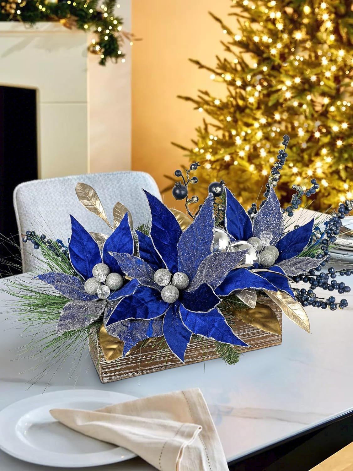 Hollyone Poinsettia Flowers Artificial in Pot 14inch Blue Poinsettias Christmas Flowers Potted Plants Arrangement with Wood Pot Berries Pine Cone Norfolk Pine for Table Centerpieces Xmas Home Decor
