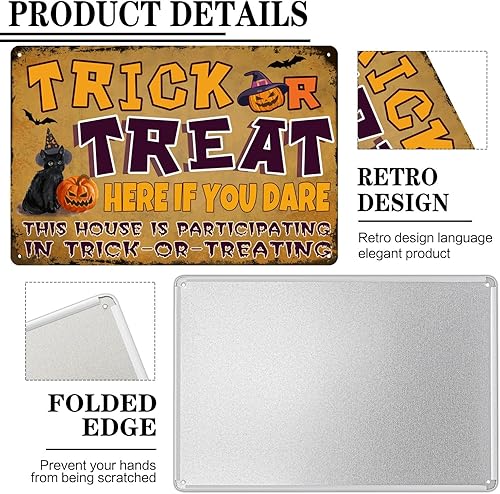 Miniatura 8 de Jsovesv Letrero de metal decorativo con diseño de gato y bruja y calabaza, con texto en inglés May Luck Be Yours On Halloween con gato negro para