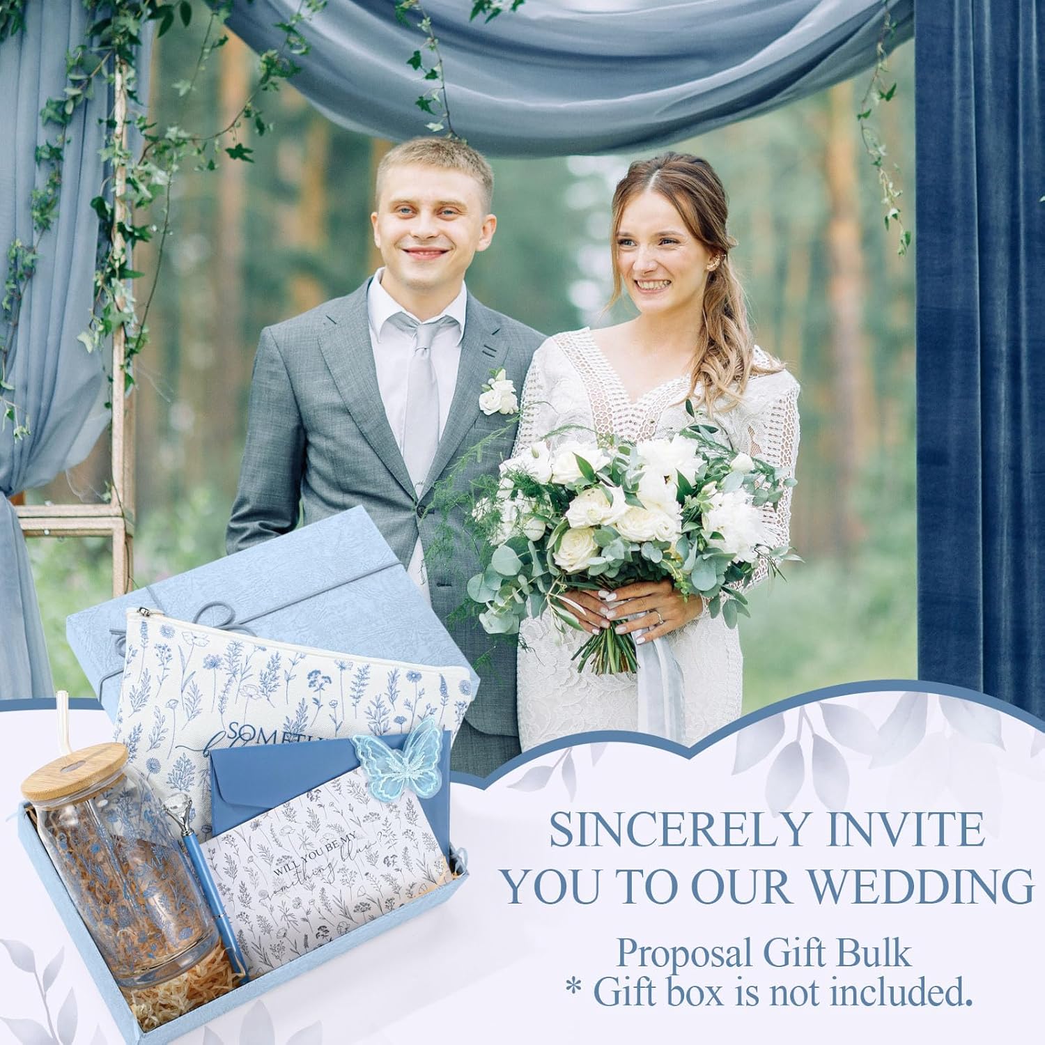 48 Pcs Bridesmaid Gifts Proposal Bulk Something Blue Crew Gift Blue Hair Scrunchies Proposal 16 Oz Glass Cup Makeup Bag Butterfly Clips Card Envelope Pen for Bachelorette Bridal Shower Decor - Image 5