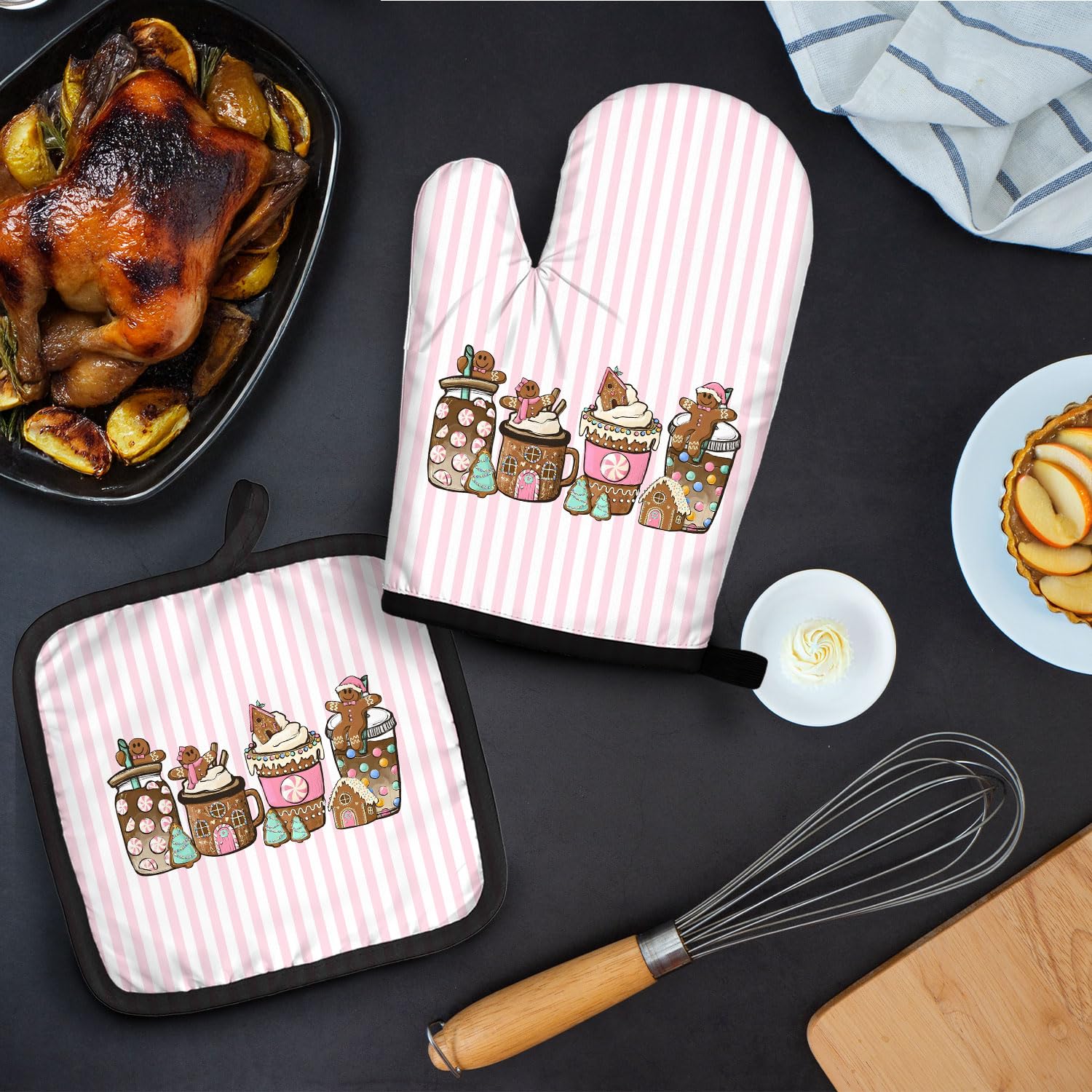 Ofenhandschuhe und Topflappen-Sets, Weihnachtsdekoration, rosa gestreift, niedlich, Lebkuchen, hitzebeständige Ofenhandschuhe, heiße Pads für Küchendekoration