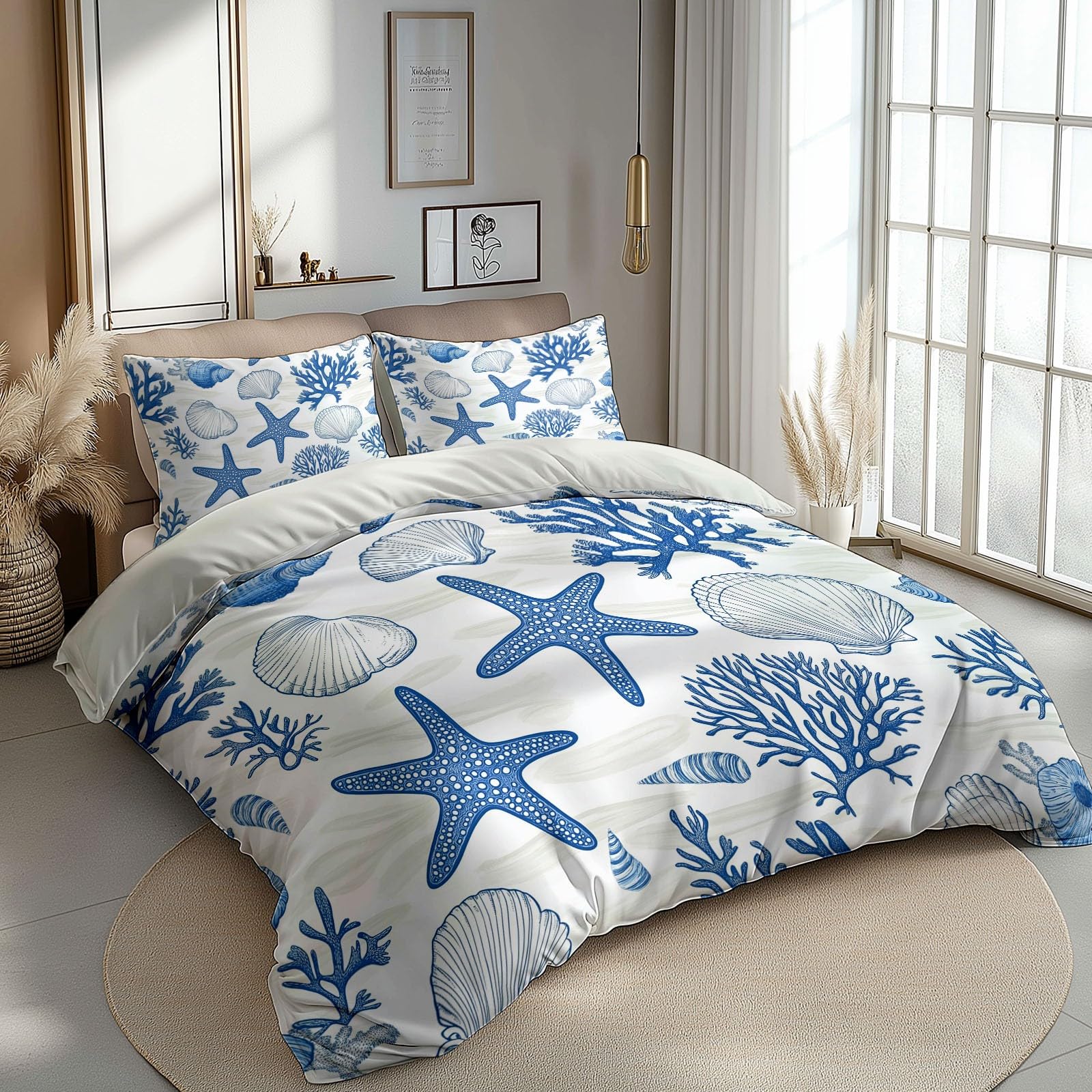 Juego de Fundas Nórdicas Suave 3 Piezas para Cama 90 - Estrellas de mar Azules corales y Conchas Patrón Funda Edredón Poliéster Algodón 150 x 200 cm + 2 Funda de Almohada 50x75,
