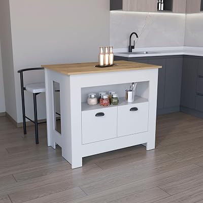 DEPOT E-SHOP 40" Floyd 35" H Kitchen Island, Whit 2 Doors, 3 Shelves, White/Macadamia – Freestanding Storage & Meal Prep Station for Home Kitchen, Dining Room & Studio Spaces
