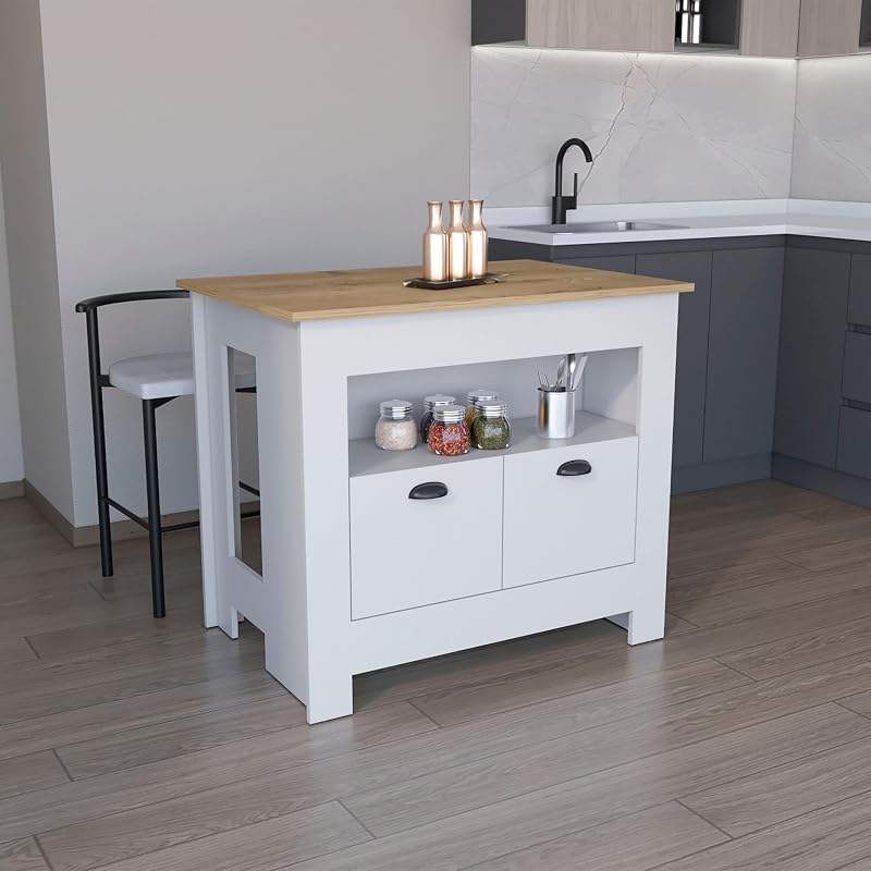 DEPOT E-SHOP 40" Floyd 35" H Kitchen Island, Whit 2 Doors, 3 Shelves, White/Macadamia – Freestanding Storage & Meal Prep Station for Home Kitchen, Dining Room & Studio Spaces