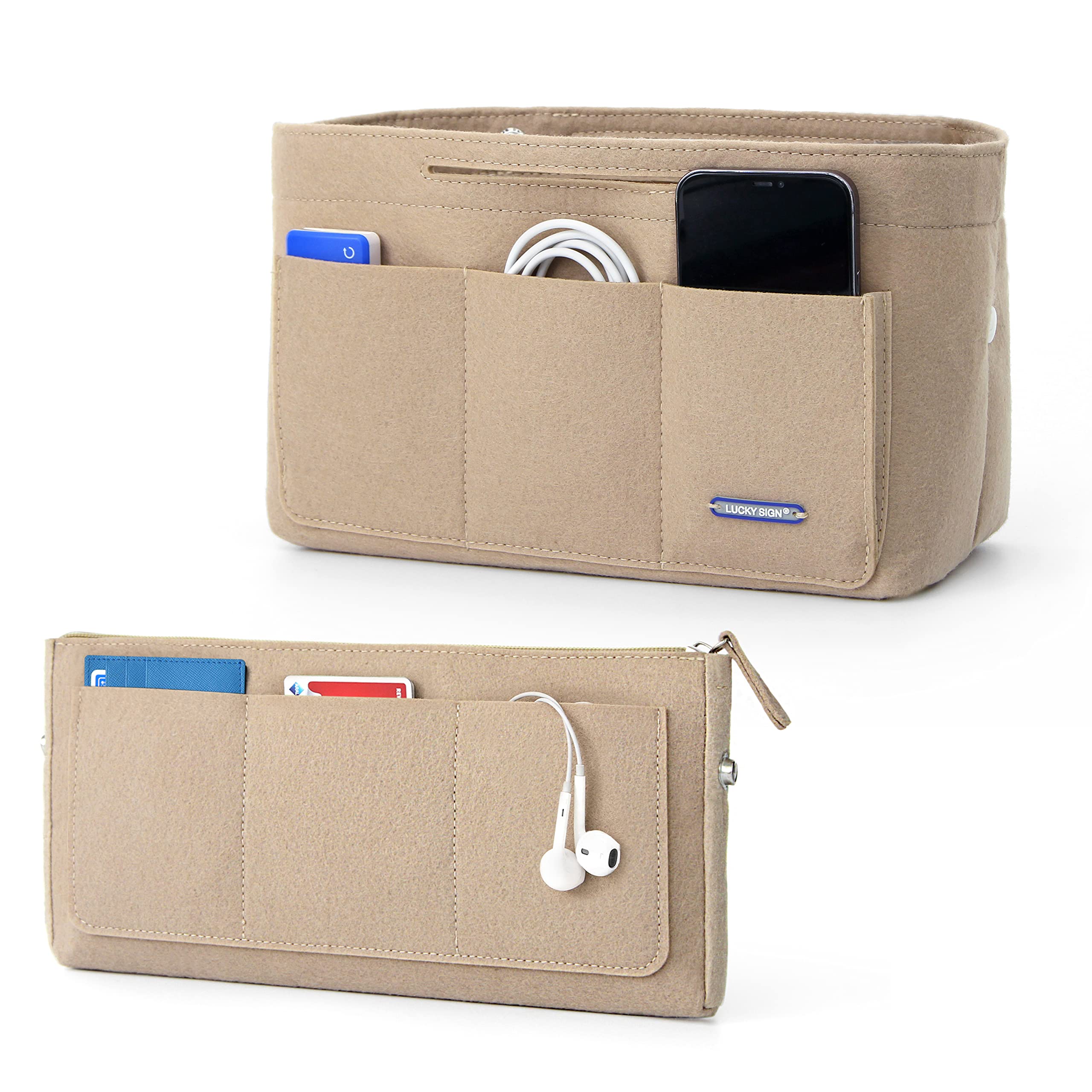Lucky Sign - Pocket organiser for handbags, inner pockets for handbags with key chain, multifunctional, made of felt, 28x13x17cm - Beige