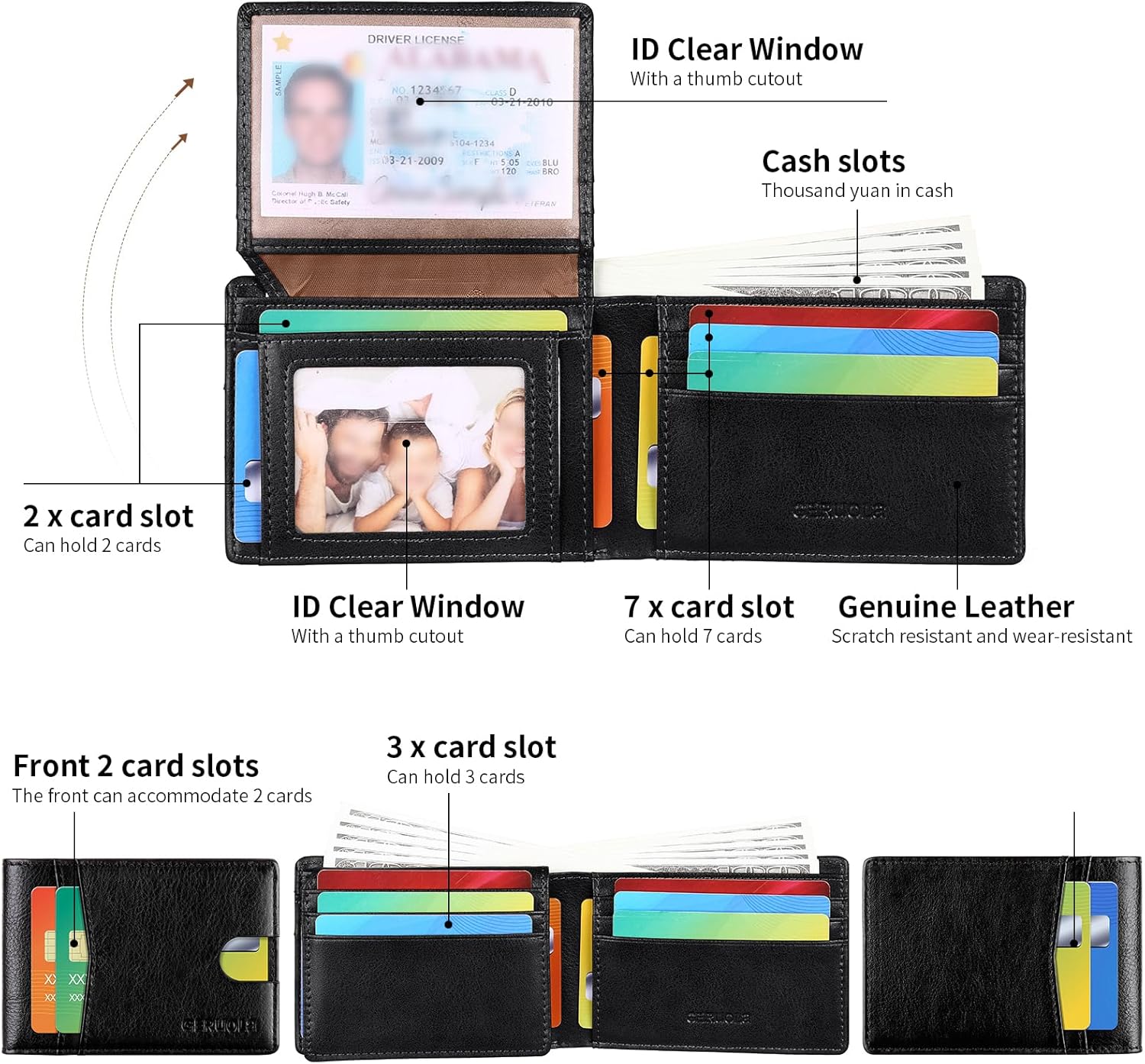 Wallet for Men-Genuine Leather RFID Blocking Slim Bifold Front Pocket Wallets for Men Billfold 2 ID Window with 12 Card Holder (Black) - Image 2