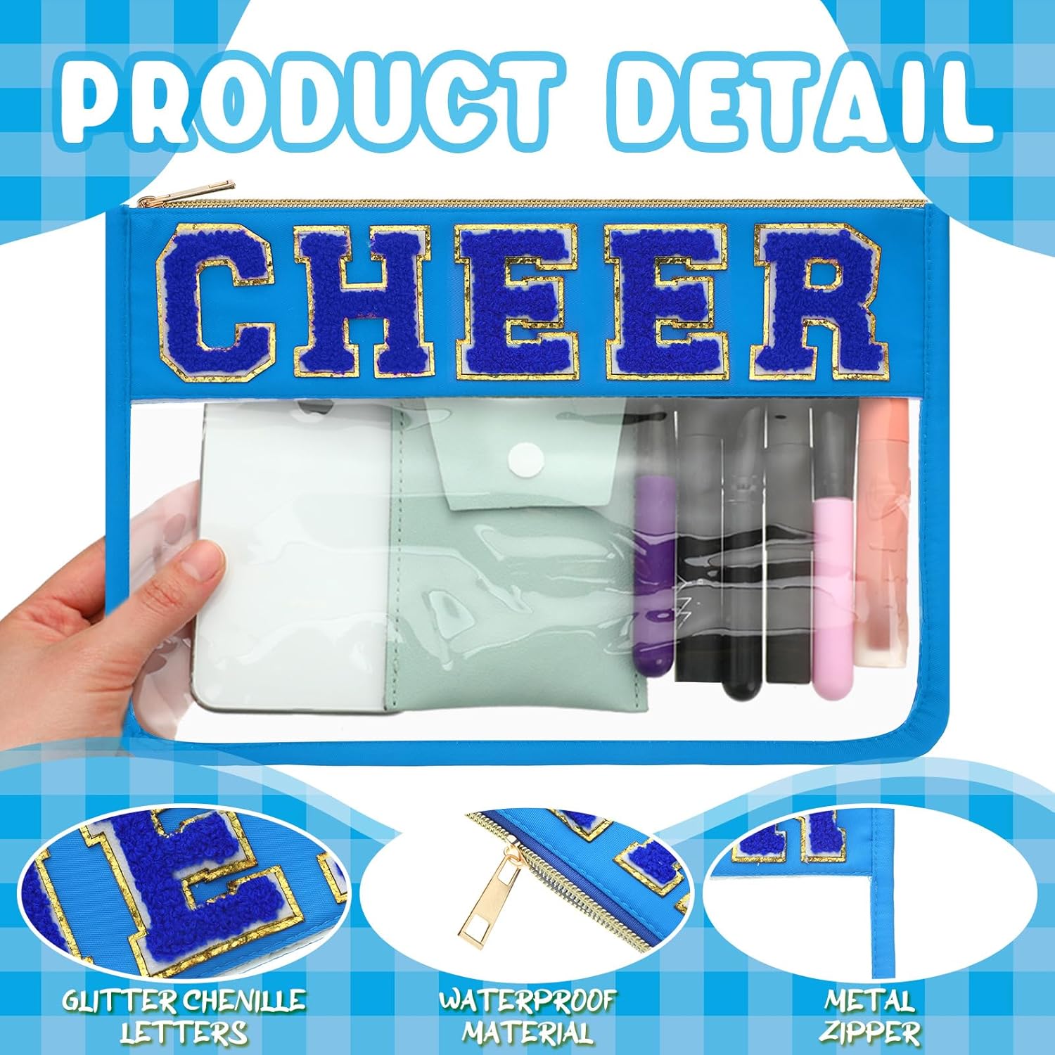 Abbylike 4 Pcs Cheer Makeup Bag Gift Set 11.8x8.2 Inches for Cheerleader Team Girls Clear Chenille Letter Cosmetic Bags Zipper Toiletry Makeup Pouch Bulk Women Travel Snack Bag(Blue,Cheer) - Image 3