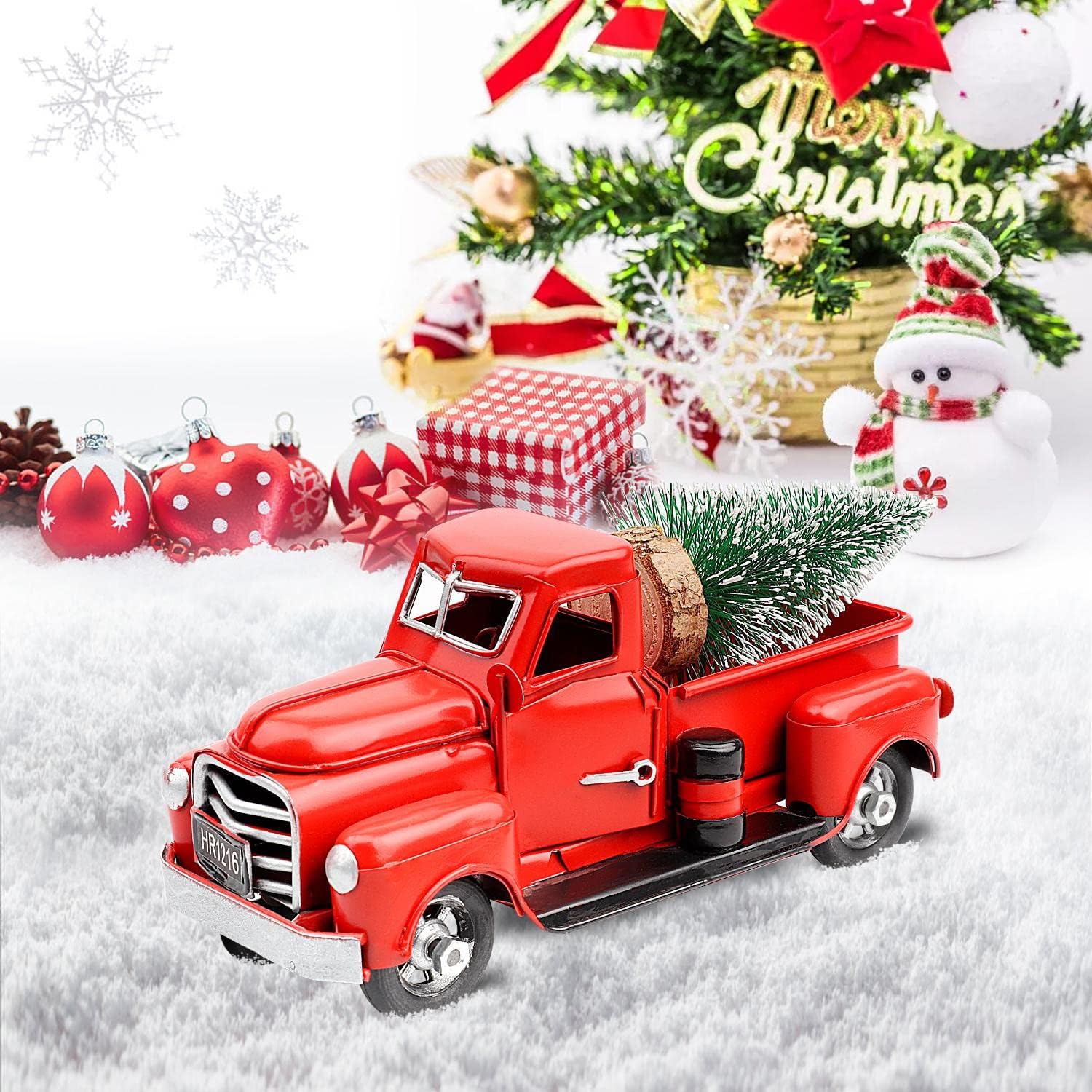 Christmas Vintage Red Truck, Die Cast Metal Mini Christmas Tree Decoration with Movable Wheels, for Home Decor Gifts Vehicle Lovers (Red)