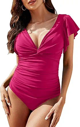 Blooming Jelly Womens Tummy Control Bathing Suits V Neck Cute One Piece Swimsuits Lace Up Ruffle Swimsuit