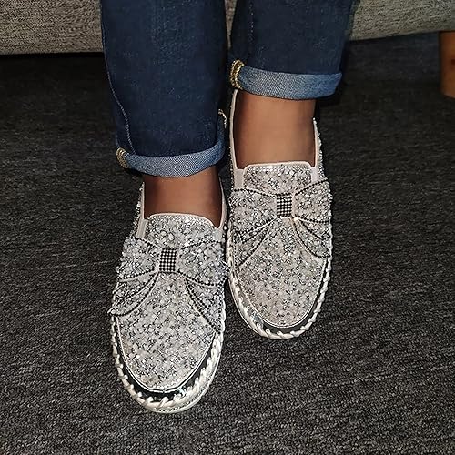 Miniatura 5 de Hbeylia Zapatos deportivos sin cordones para mujer, con lentejuelas y diamantes de imitación, diseño de lazo, plataforma, transpirables, para