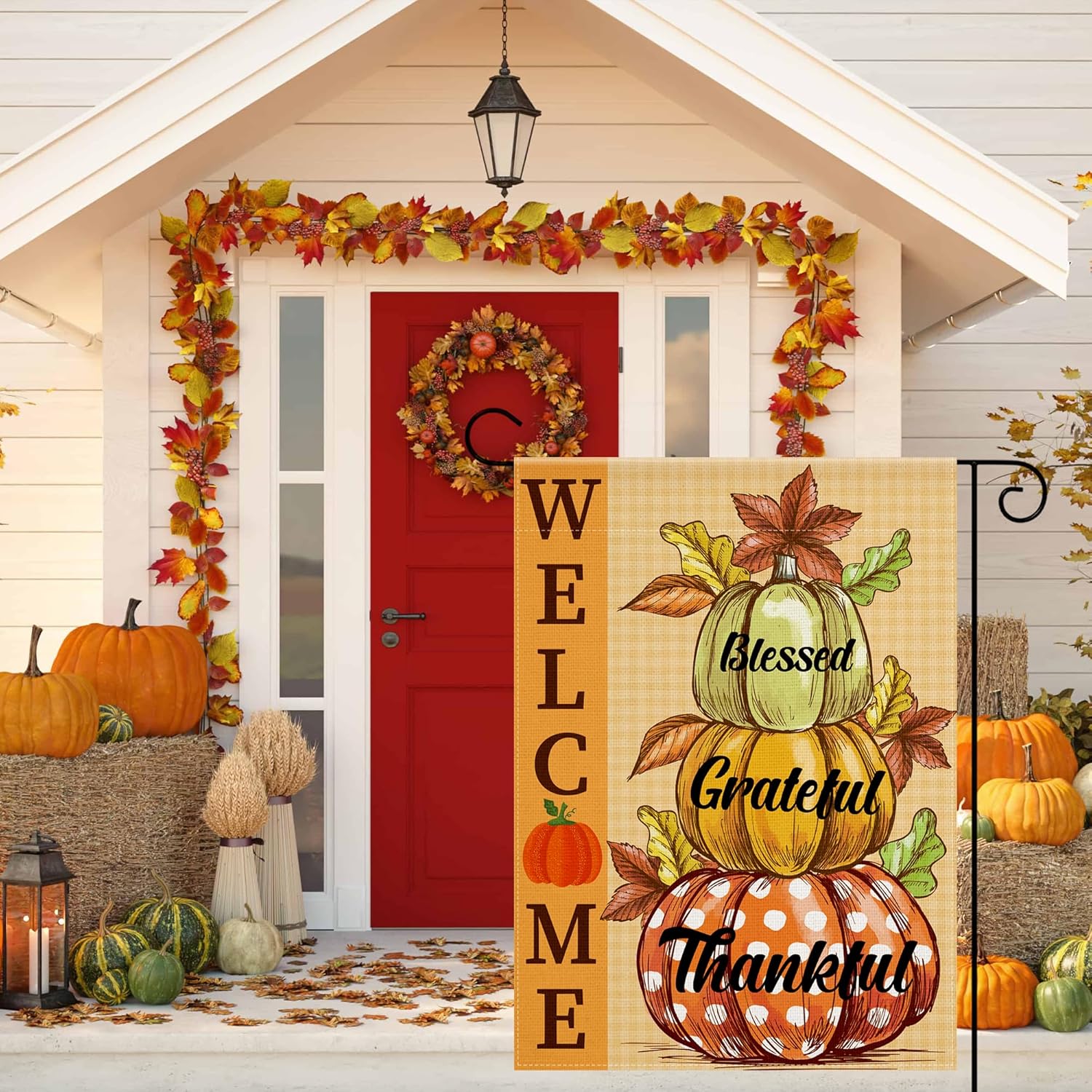 OHOME Thanksgiving Decorations - Fall Garden Flag | Double-Side Autumn Decor for Outdoor Indoor Outside - Friendsgiving Welcome Backdrop Banner for Garden Porch Patio Lawn Yard,12x18 Inch - Image 4