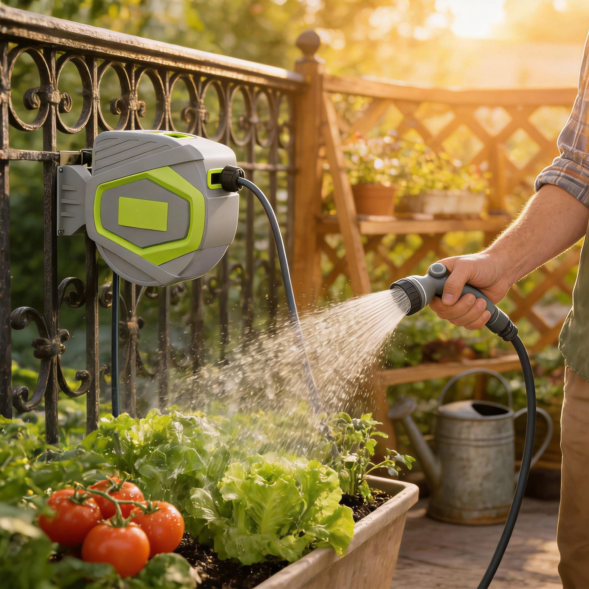 HENGMEI Schlauchtrommel Wasser 30+2m Wandmontage Schlauchaufroller Garten Schlauchbox mit Automatik-Aufrollung 10 Sprühmodi, 180° Schwenkhalterung Wasserschlauchtrommel (Grau und Gelb)