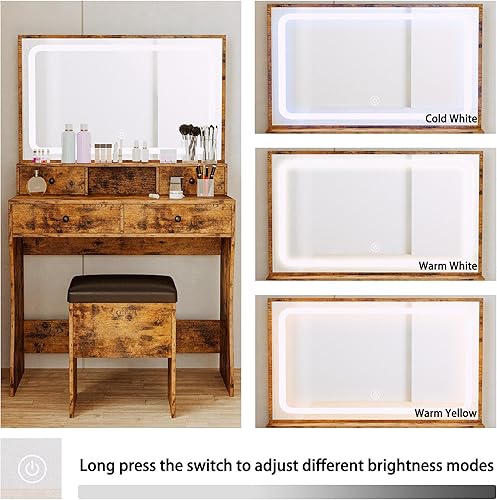 Miniatura 5 de IRONCK Juego de escritorio de tocador con espejo iluminado LED y toma de corriente, mesa de tocador de maquillaje con 4 cajones, banco de