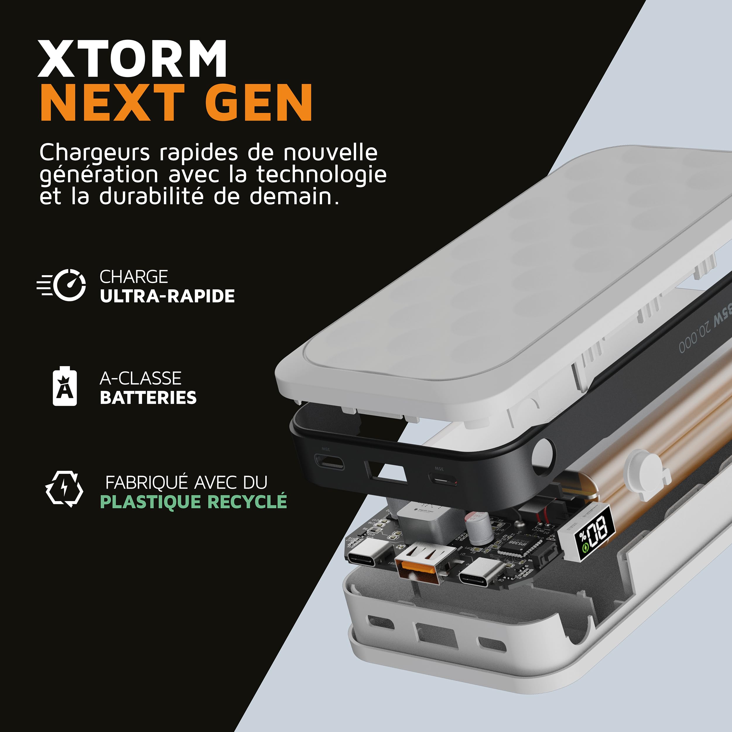Powerbank Xtorm Fuel 5 Series 35W, 20 000mAh, 2X USB-C PD / 1x USB-A, Adapté aux Voyages en Avion, Compatible avec Samsung ou Android et iPhone ou Apple, Dusk White