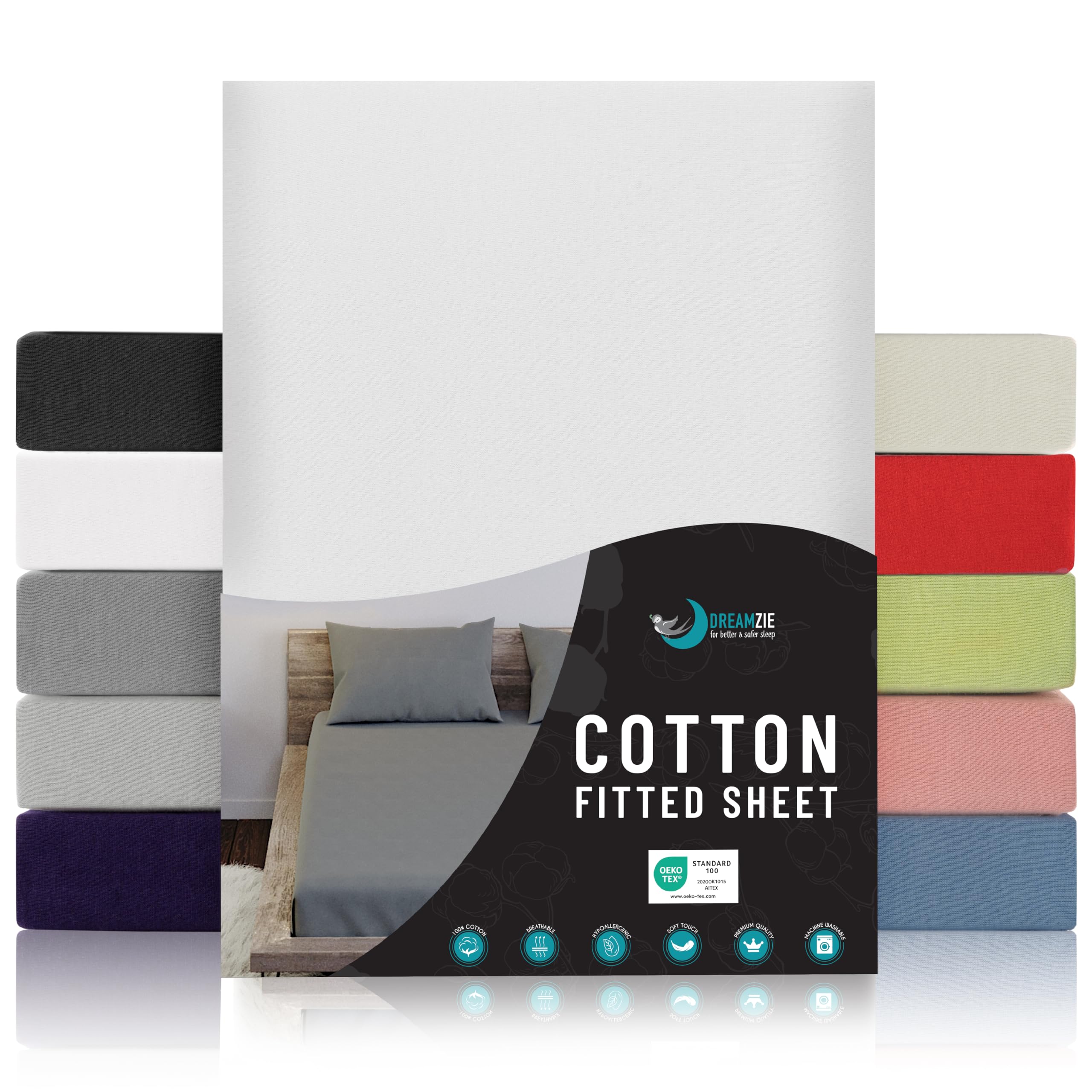 Jersey Cotton Fitted Sheets White - For Mattress 180 x 200 x 27 cm - Certified Free from Chemical Products (OEKO TEX), Fitted Sheets with Full Elastic - 180 x 200 x 27 cm - White
