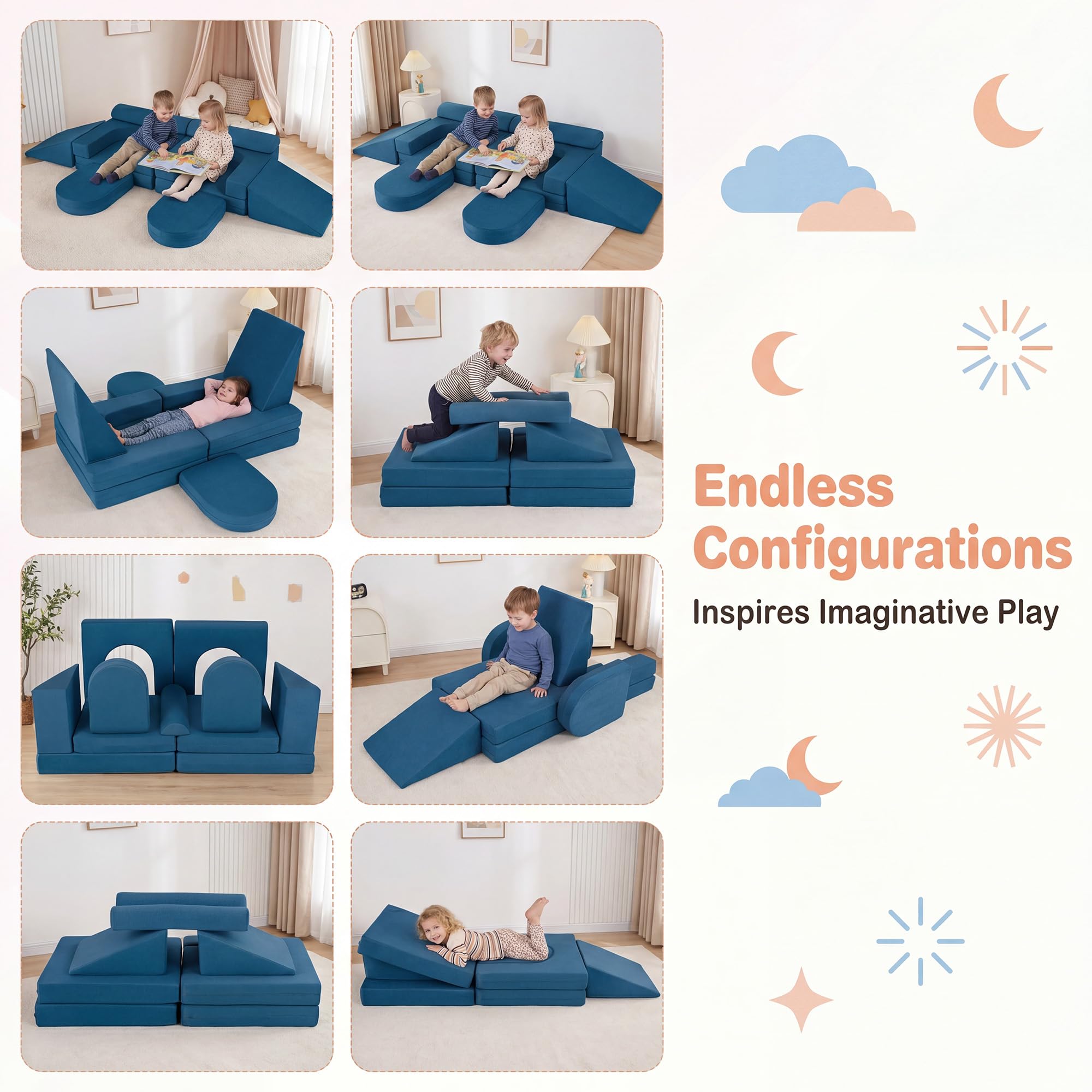 Lifezeal - Sofá infantil modular de 10 piezas, sillón infantil convertible de espuma con tejido de ante suave y fundas con cremallera lavables a máquina, sofá de juego plegable para bebé de 3 años